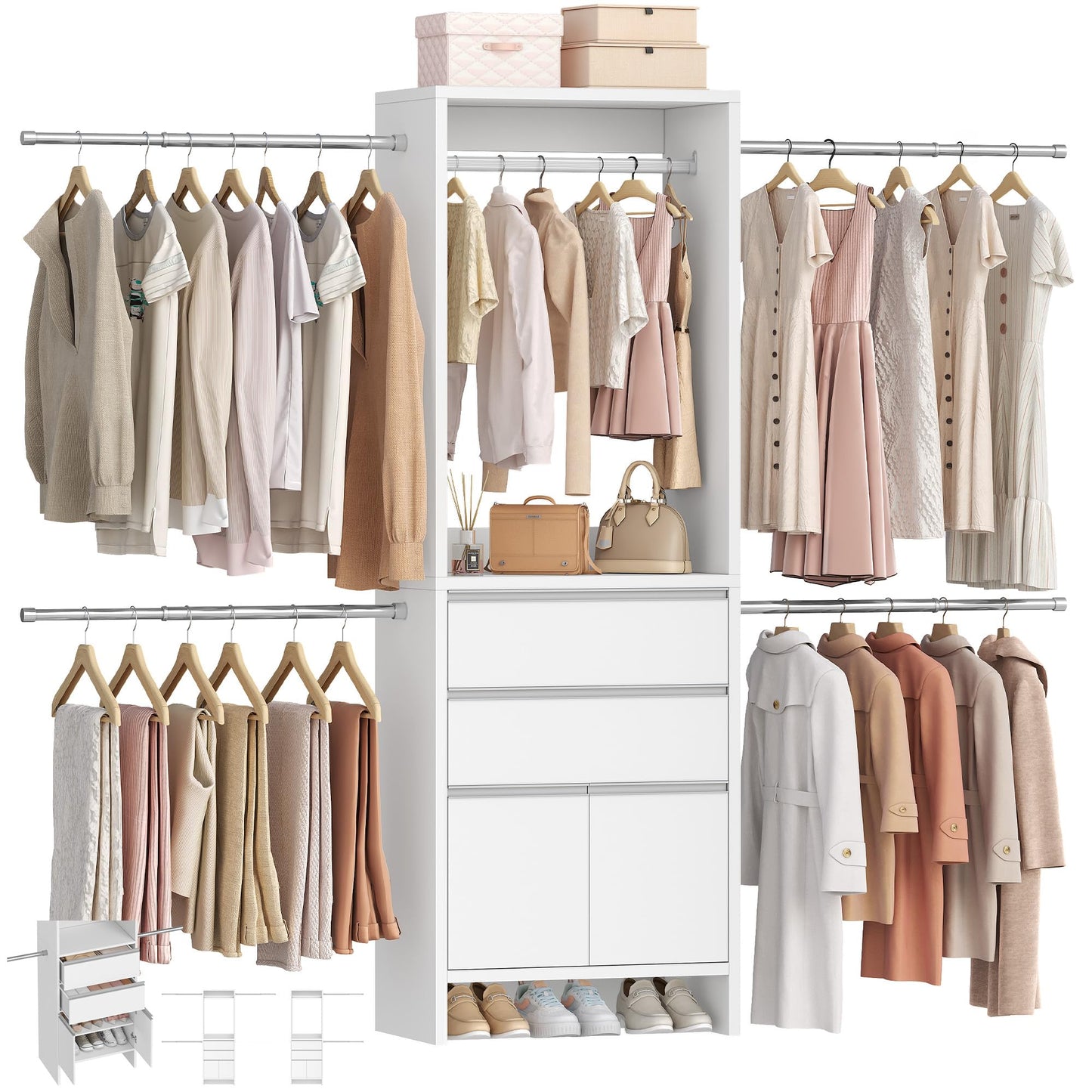 Hzuaneri Closet System with 2 Drawers, Walk-in Closet Organizer System Wooden Storage Systems with 4 Hang Rods & Shoe Cabinet, Fits Spaces 4-9.8FT, Wardrobe Clothes Rack Garment Rack, White MC00103E