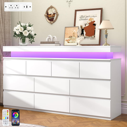10 Drawer Dresser for Bedroom, 63“ Wide 34” Tall Drawer Organizer Cabinet with LED Light and Charge Station, Modern Chest of Drawers for Closet, Living Room, Entryway, Hallway (White, 10 Drawers)