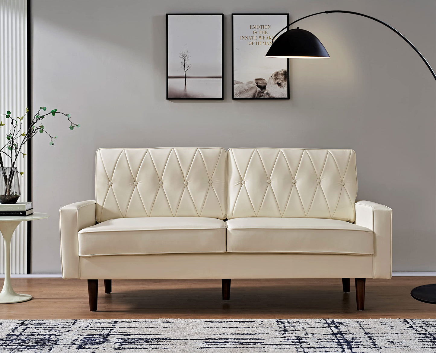Container Furniture Modern Style Faux Leather Sofa with Elegant Round Tapered Legs and Button Tufted Backrest Perfect for Living Room, Bedroom or Home Office, 69.3’’ Wide, White