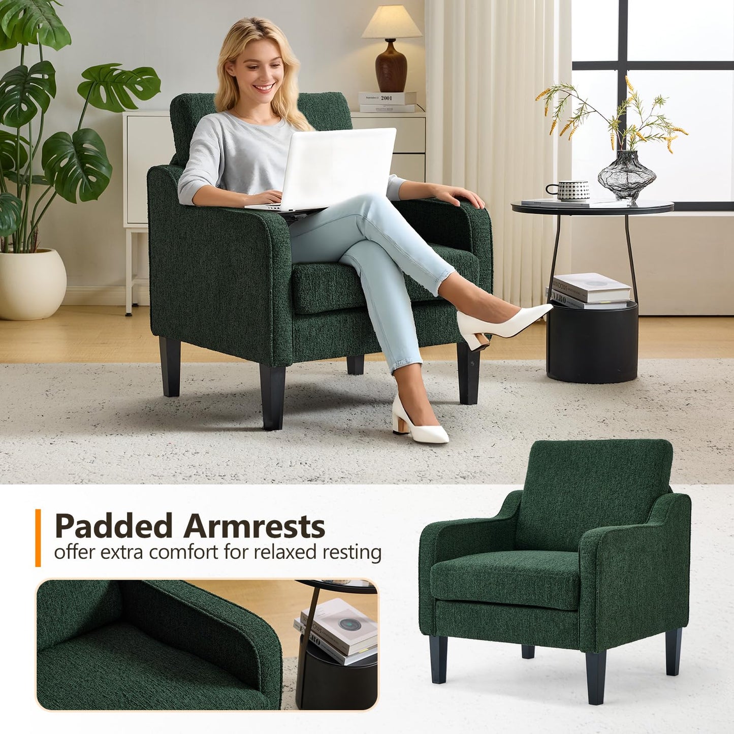 VINGLI Accent Chair for Living Room Chairs Reading Chair for Bedroom Chair Scooped Arm Chair Mid Century Modern Accent Chairs Upholstered Comfy Chair for Apartment, Waiting Room (1, Dark Green)