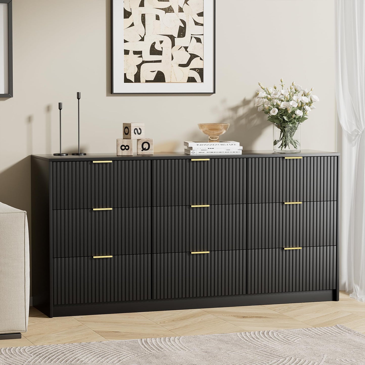 Furniway Black Dresser for Bedroom, Modern Dresser with 9 Drawers and Smooth Slides, Wide Chest of Drawers with Golden Handles for Bedroom, Living Room, Closet, 15.7" D x 63" W x 31.5" H