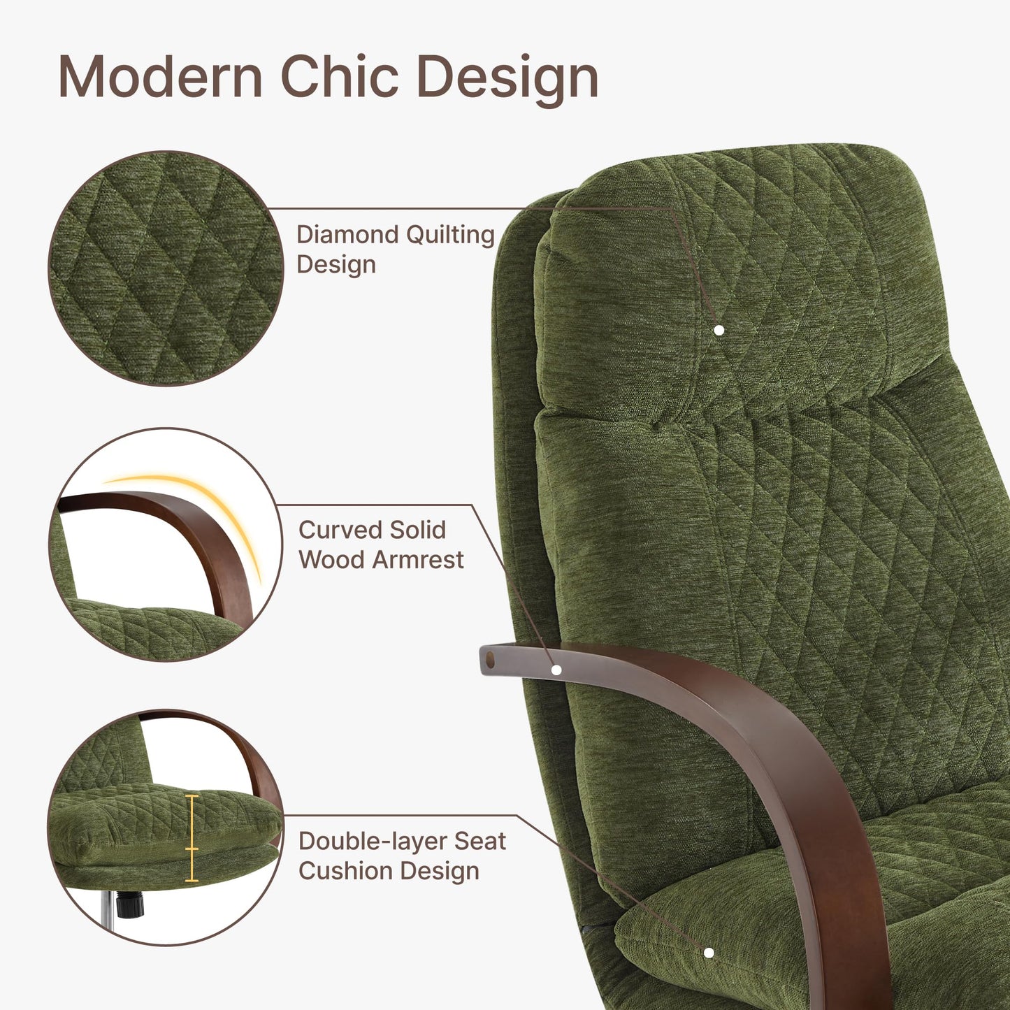 KISLOT Home Office Desk Chair, Ergonomic Office Chair with Lumbar Support, Adjustable Swivel Computer Chair with Wheels, Fabric Executive Task Chair with Wood Arms, Moss Green