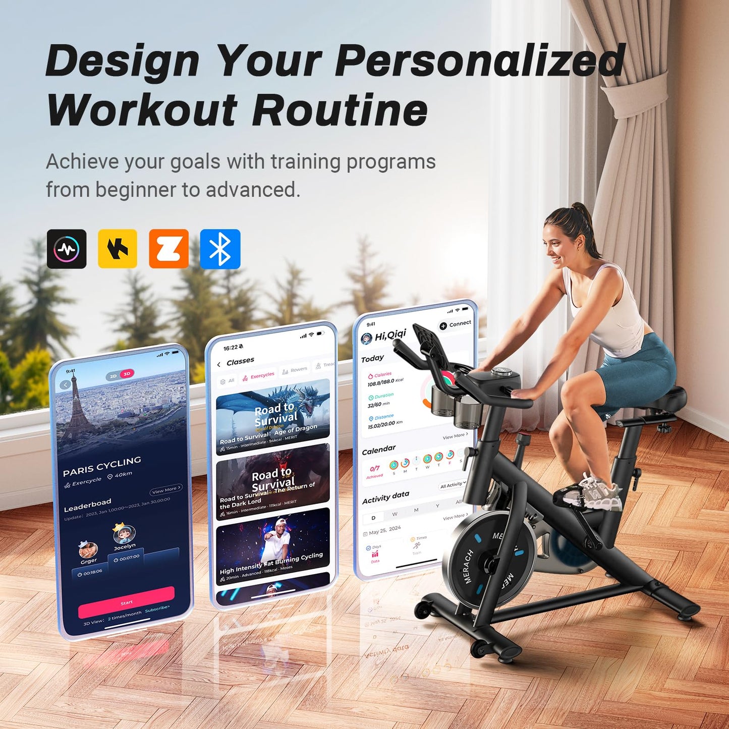Merach Exercise Bike, Magnetic Friction Stationary Bike with Brake Pad and Exclusive App, Low Noise Indoor Cycling Bike with 300lbs Weight Capacity, Tablet Mount and Fitness Courses for Weight Loss