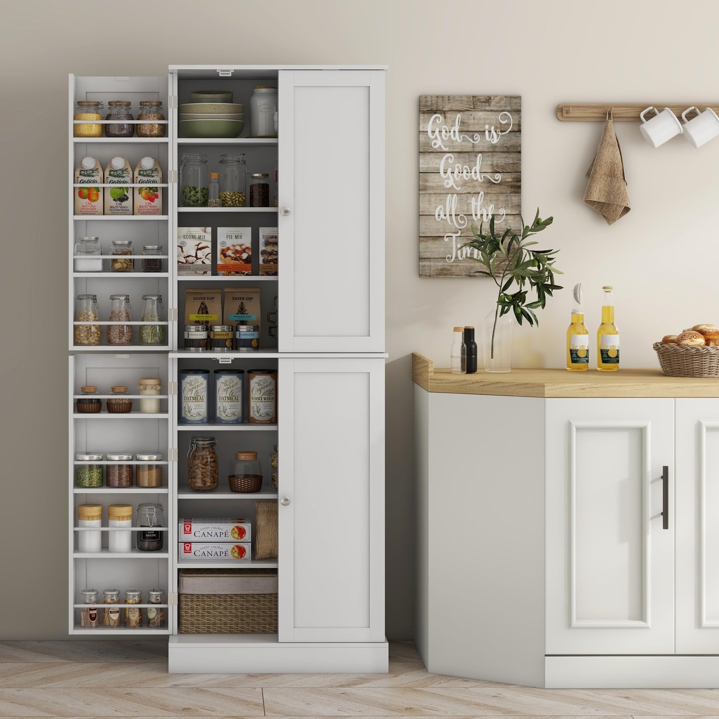 HOMCOM 65" Kitchen Pantry Storage Cabinet, Freestanding Kitchen Cabinet with 16 Door Shelves, Double Doors, 8-Tier Shelving and Adjustable Shelves, White
