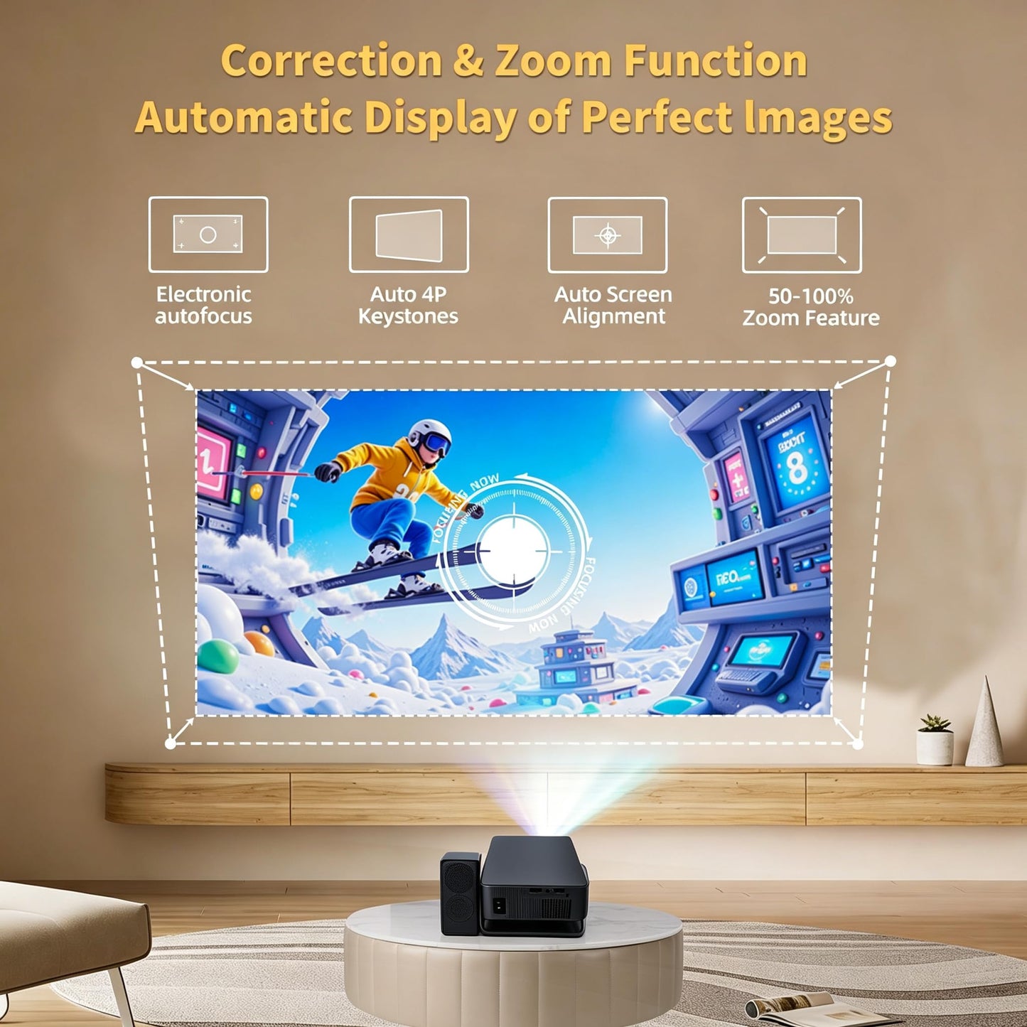 【SPEAKER & KARAOKE SPEAKER & PROJECTOR 3 IN 1】 LERMAYAL Smart Projector with WiFi and Bluetooth,Native 1080P, Electric Focus & Keystone & 4K Support Home Movie Projector (Black)