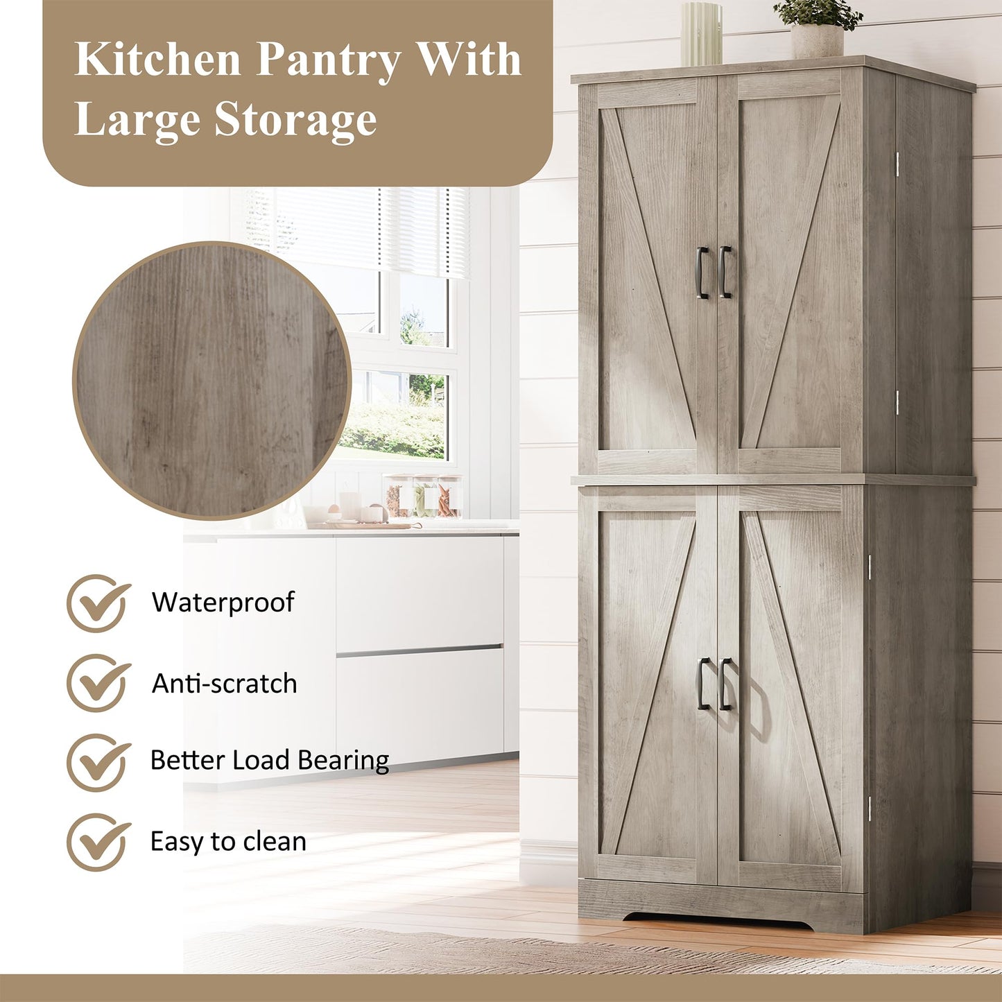 Vongrasig Kitchen Pantry Storage Cabinet with Barn Doors, Drawer and Adjustable Shelves, 6-Tier Tall Rustic Wood Cupboard Locker for Kitchen, Dining Room, Living Room, Bathroom, Rustic Grey