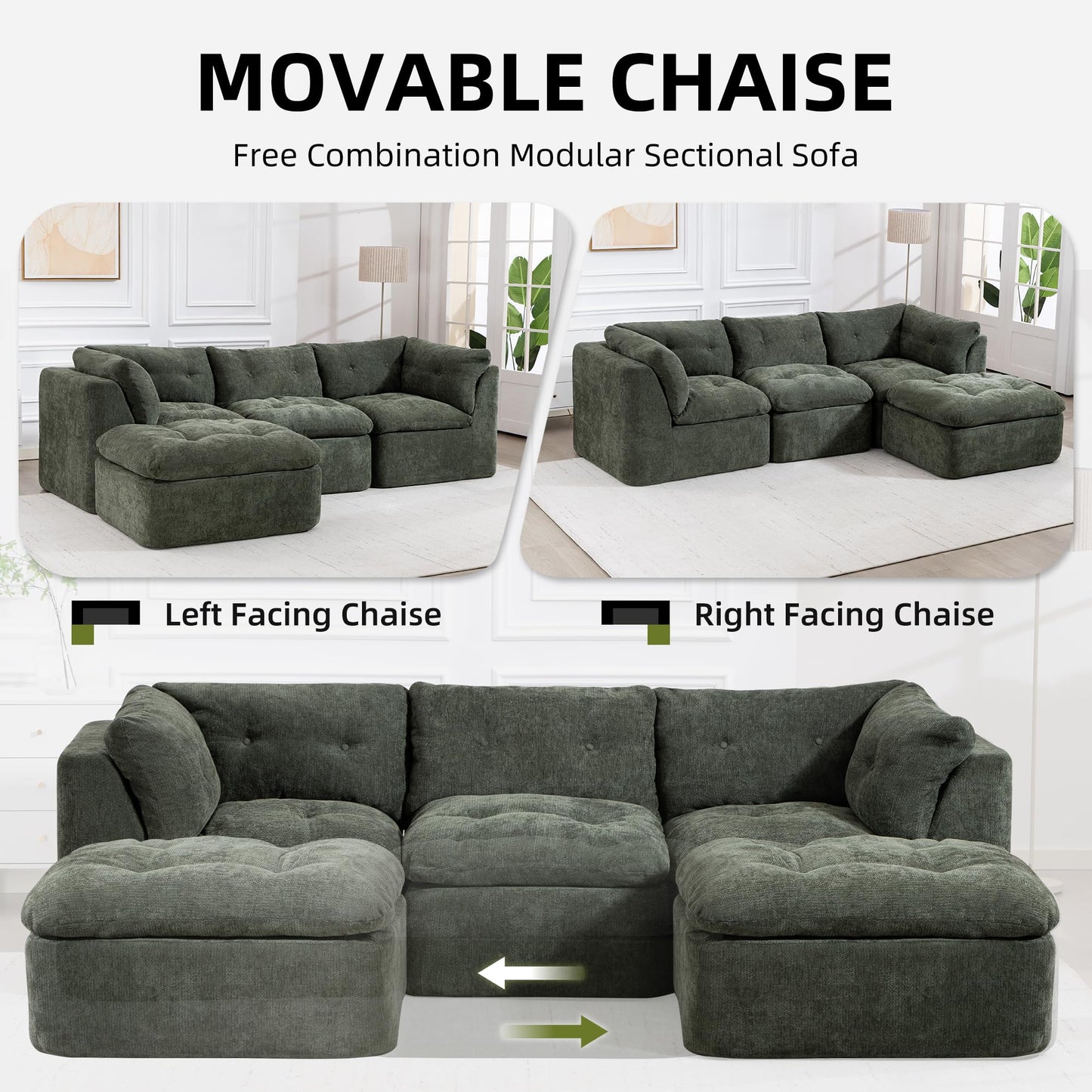 Tufted Cushions Cloud Sectional Boneless Sectional Sofa with Movable Ottoman, 112" Oversized Modular Convertible L Shaped Corner Couch with Deep Seat,Memory Foam Compressed Sofa