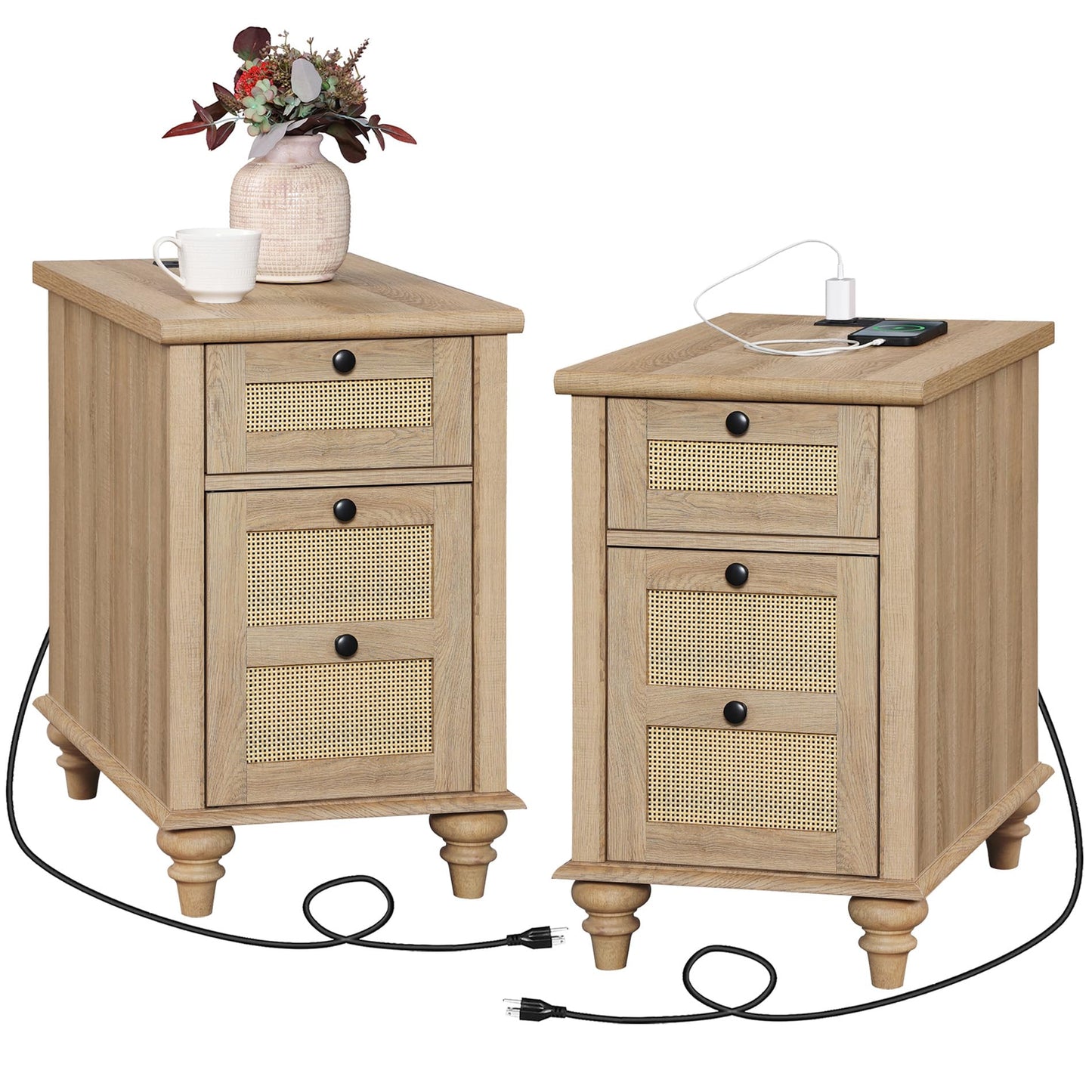 WAMPAT Set of 2 Rattan End Tables with Charging Station, Tall Side Tables Nightstand with Drawer & Storage Cabinet, Light Wood Bedside Table for Bedroom & Living Room, Burlywood