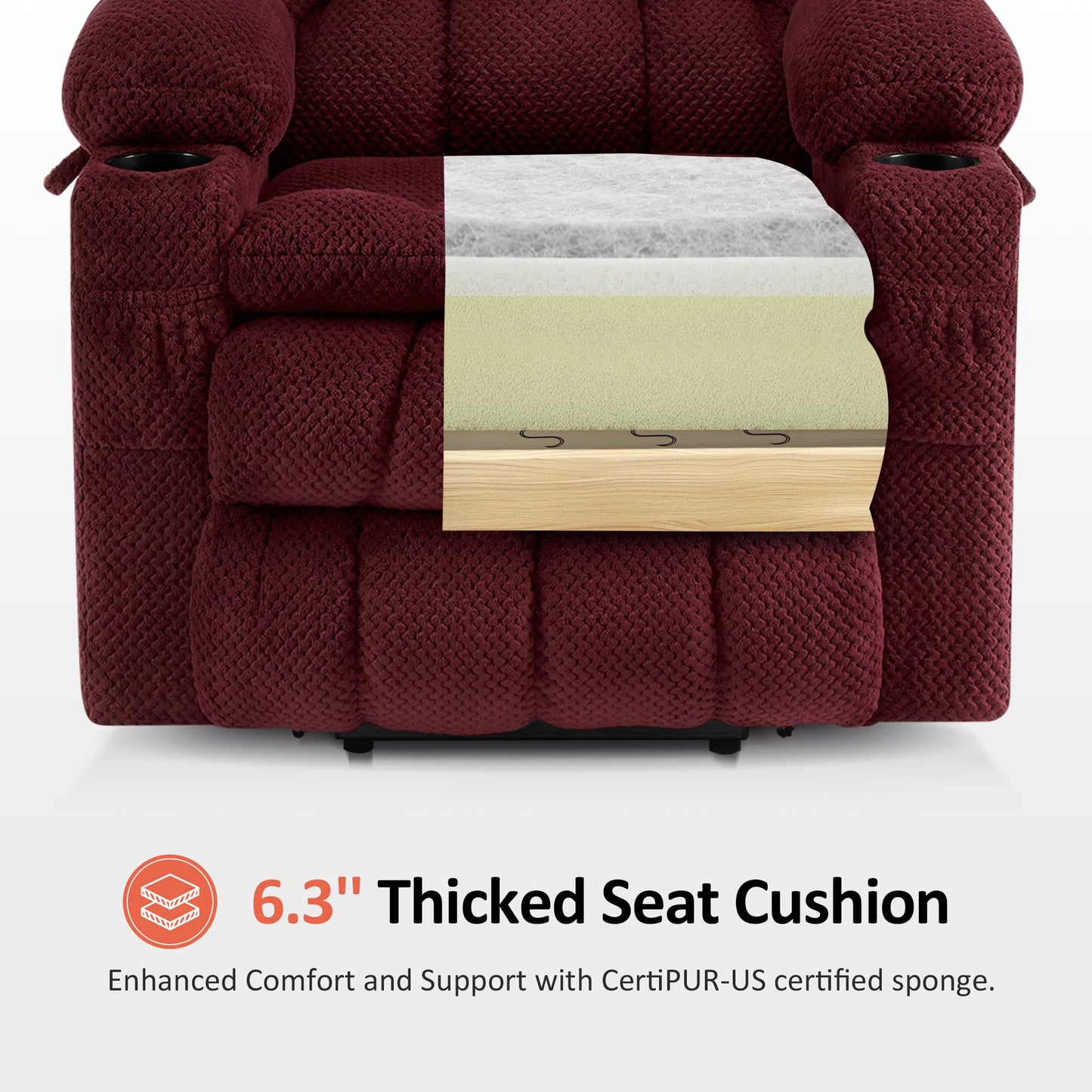 MCombo Dual Motor Power Lift Recliner Chair with Massage and Heat for Elderly People, Infinite Position, USB Ports, Cup Holders, Fabric 7890 (Medium, Burgundy)