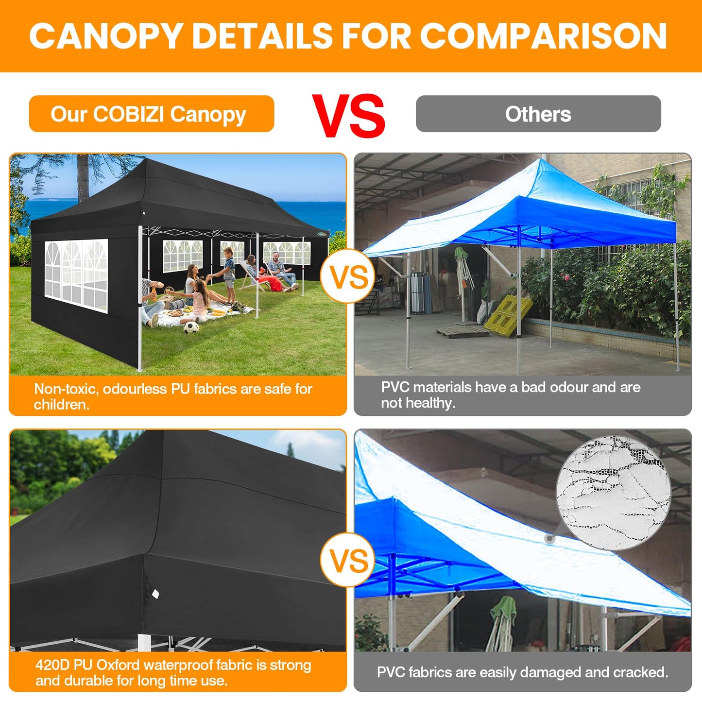 COBIZI 10x30 Pop up Canopy with Roller Bag & 8 Removable Sidewalls, Canopy Tent for Parties, Wedding, and Commercials, Waterproof and Instant Shelter UV50+ Outdoor Gazebo with 4 Sandbags(Pure Black)