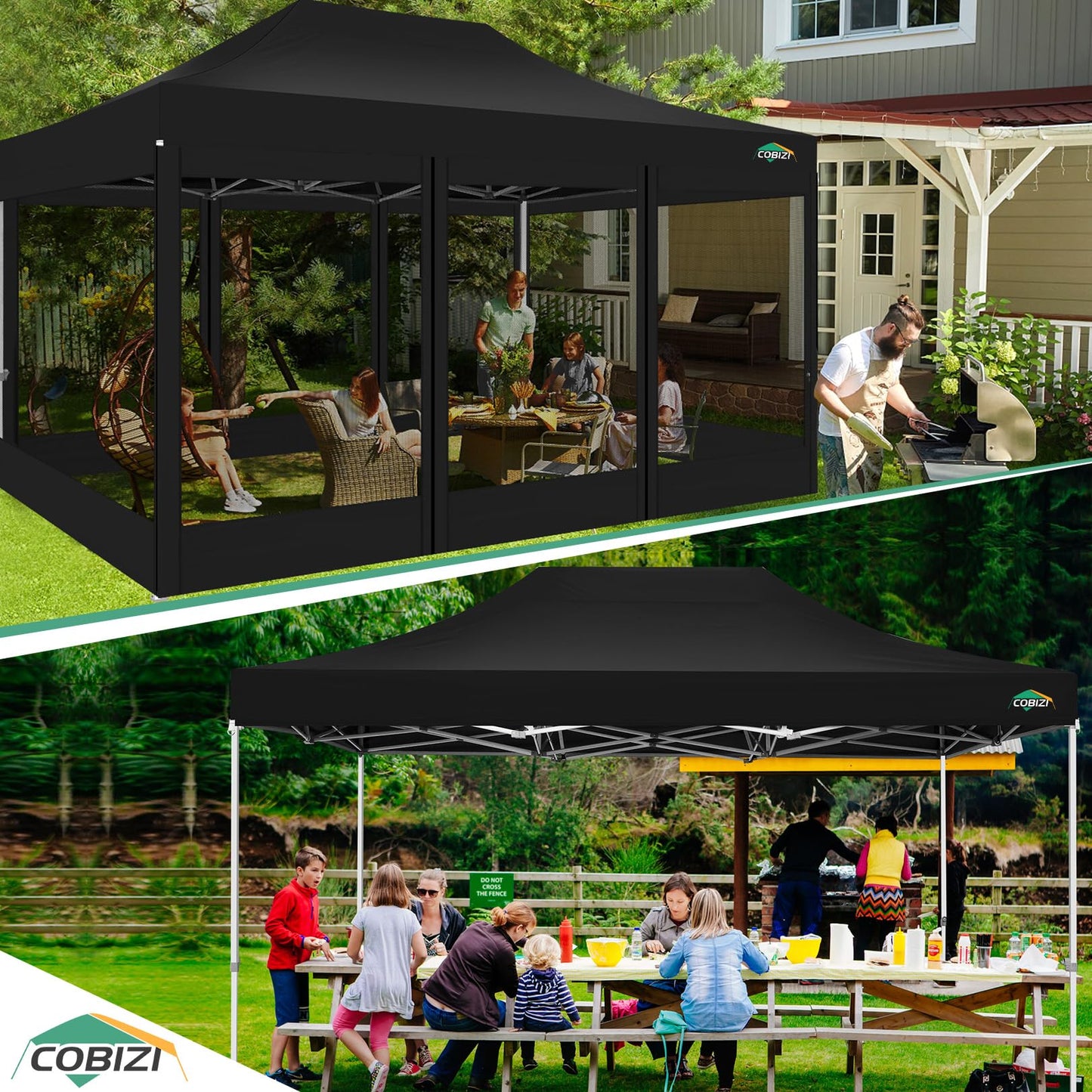 COBIZI 10x15 Canopy Tent with 4 Sidewalls,Heavy Duty Pop up Canopy with Mosquito Netting,Easy up Screen Tent for Parties Wedding Patio with Handbag,Black