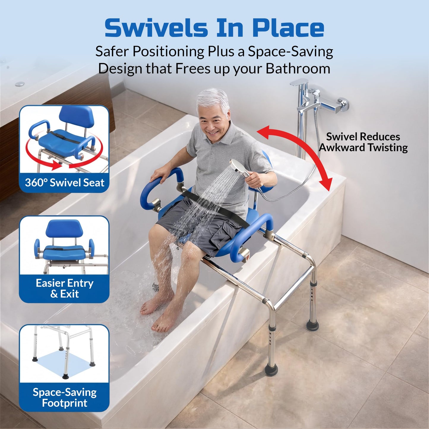 Platinum Health Carousel Sliding Shower Chair Tub Transfer Bench with Swivel Seat, Premium Padded, Pivoting Arms, Adjustable Space Saving Design for Tubs, Inside Shower, for Handicap & Seniors, Blue