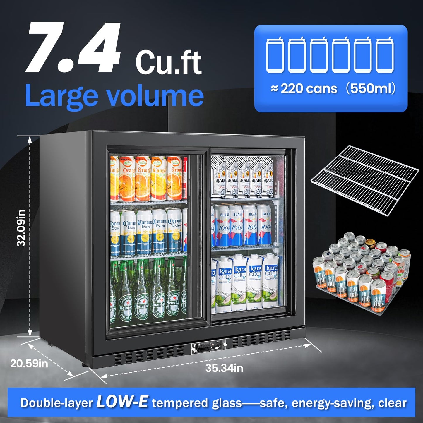 BINGERMA Back Bar Cooler with 2 Glass Sliding Doors 7.4 Cu.ft. ETL Commercial Beverage Refrigerator Black Drink Fridges for Beer, Wine,Soda, Drinks