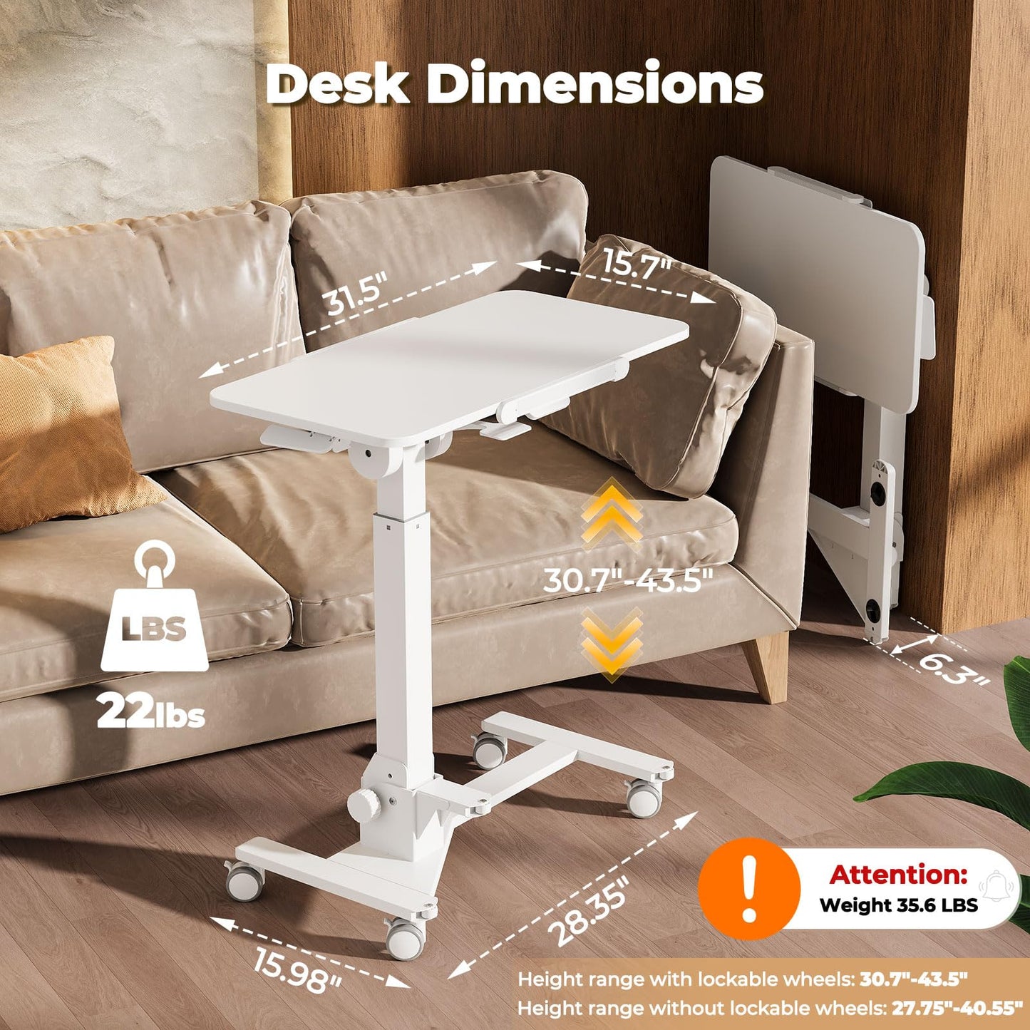 JOY worker Foldable Mobile Standing Desk, 180° Tiltable Overbed Bedside Table with 4 Lockable Wheels, 31.5" Height Adjustable Rolling Laptop Desk for Home & Hospital Use, Easy Storage, White