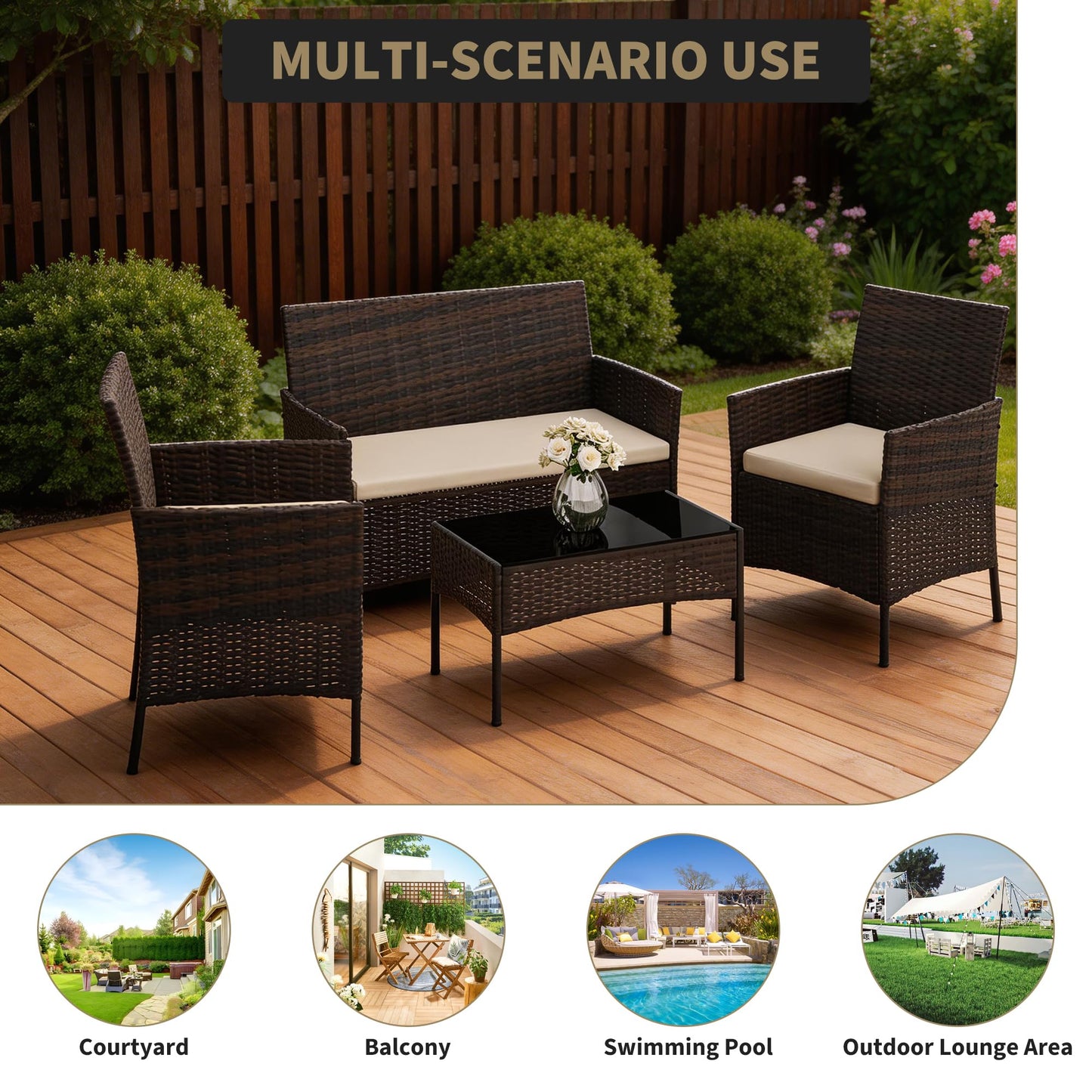 4-Piece Patio Furniture Set, Outdoor Wicker Conversation Set with Tempered Glass Coffee Table, Heavy Duty PE Rattan Sectional Sofa & Washable Cushions for Backyard, Deck, Poolside (Black Rattan/Beige)