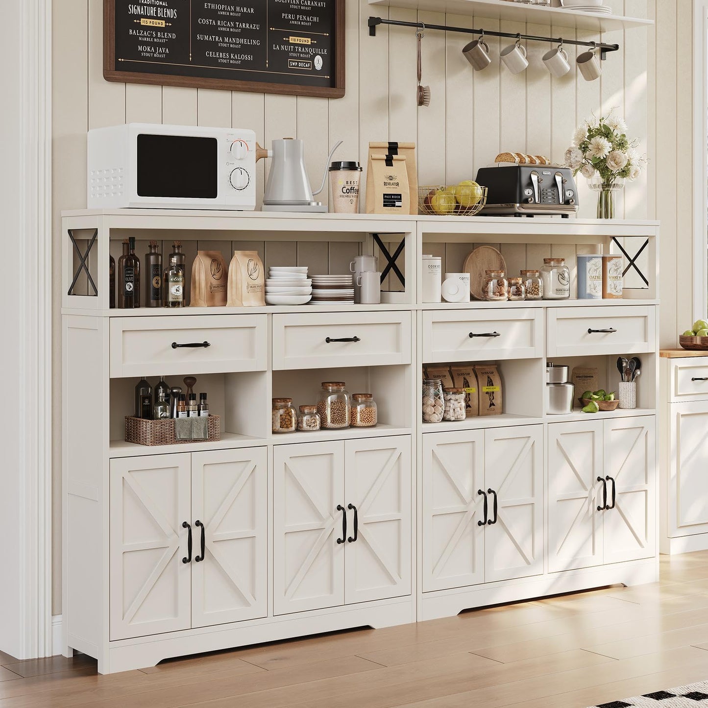 kepptory Farmhouse Kitchen Coffee Bar Cabinet with 4 Barn Doors, Kitchen Sideboard Buffet Cabinet with Drawers, 47" Pantry with Adjustable Shelves for Kitchen and Dining Room(White)