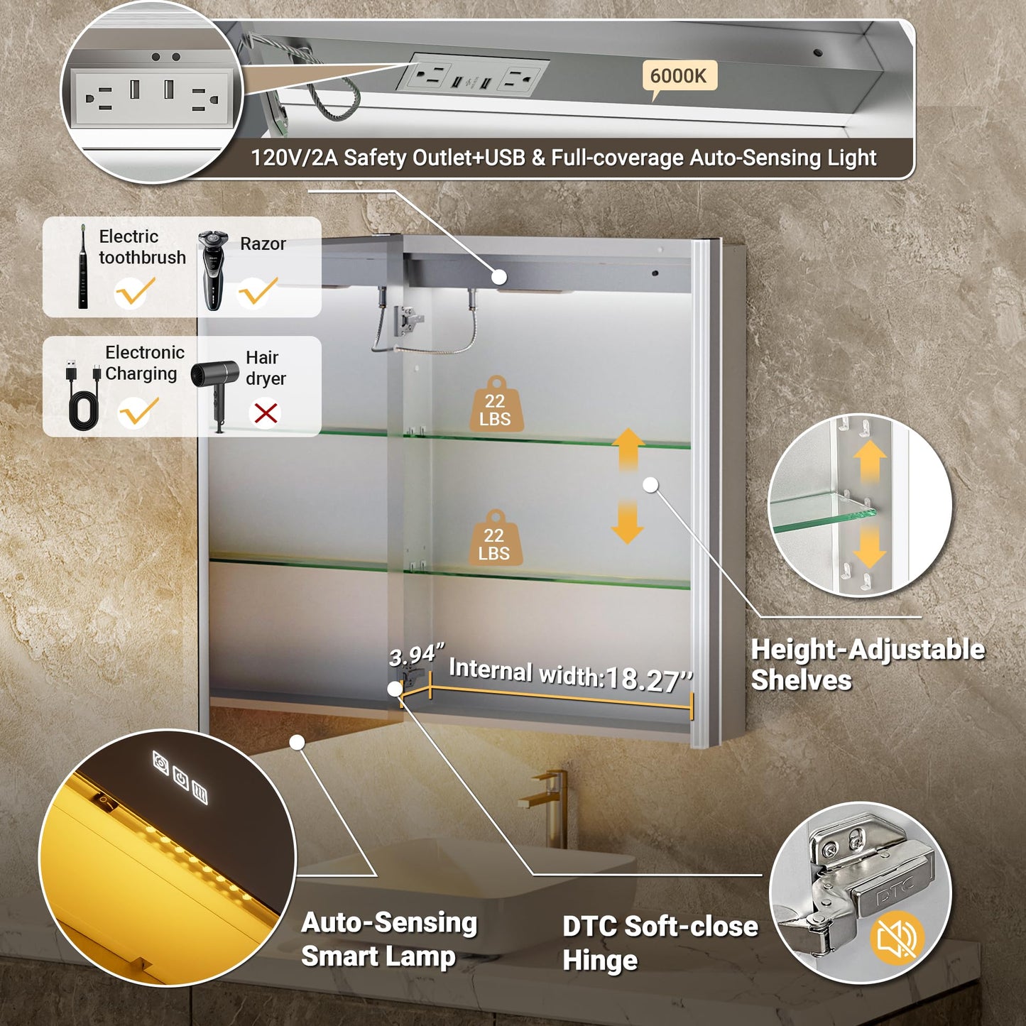 QueenFun Lighted Medicine Cabinet Mirror with Lights & Smart Night Lamp -20x26 Surface or Recessed Medicine Cabinet Mirror with Outlet & Clock,Fogless Dimmable LED Storage Mirror,Built-in Sensor Light