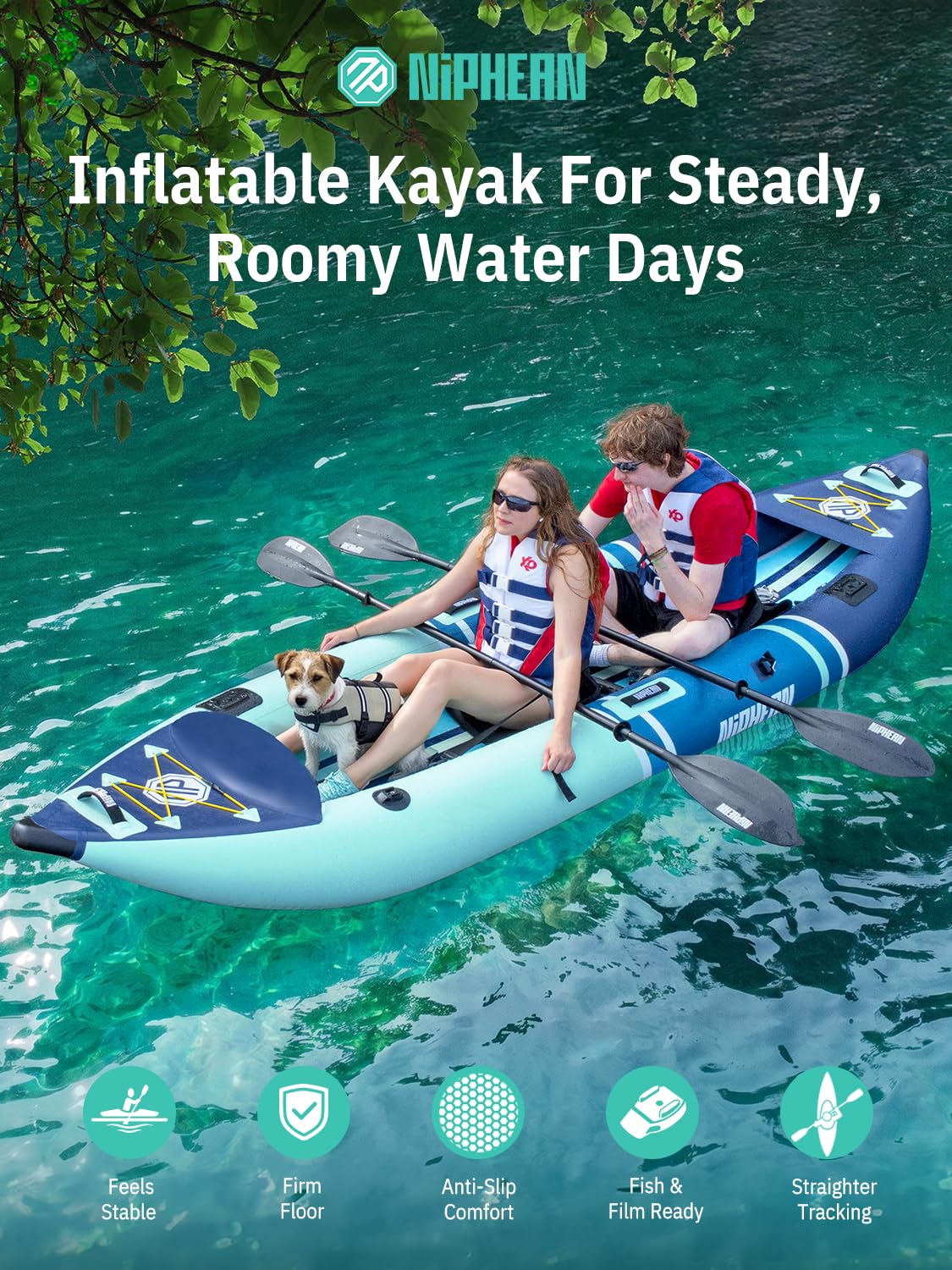 Niphean Inflatable Kayak 2 Person, 12'6" Tandem Kayak with 500lb Capacity, 3-Chamber Stable Design, Drop-Stitch Floor, with Fishing Mounts, Camera Base, Kayaks Seats for Lakes, Touring, Fishing