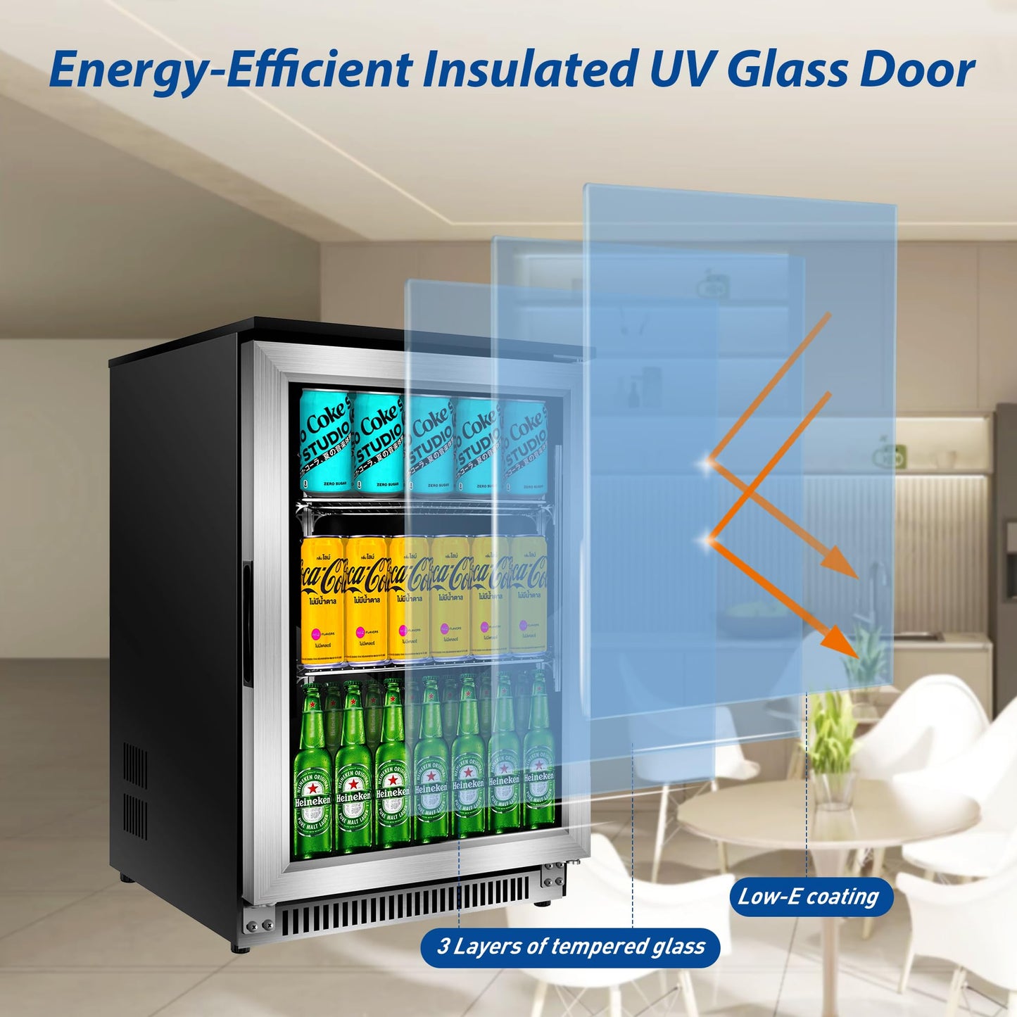 Advanics 20 Inch Beverage Refrigerator Cooler,Under Counter Drink Fridge with Glass Door, Built-in or Freestanding, Quiet Compressor Cooling, 120 Can Capacity for Beer and Soda