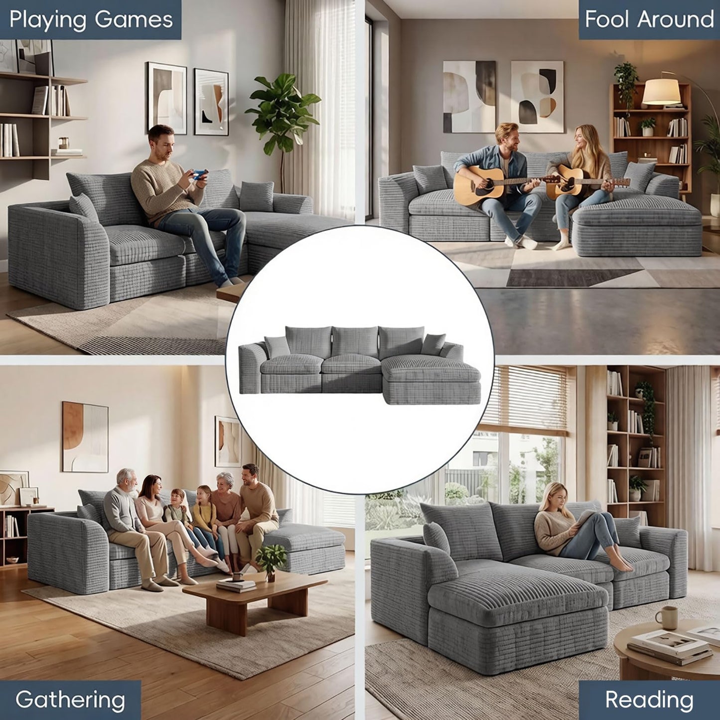 102-Inch L-Shaped Modular Boneless Cloud Sectional Sofa 4 Seat Floor Foam Sofa Couches Deep Seat with Ottoman,Comfy Corduroy Upholstered 4 PCS Compressed Cloud Couch