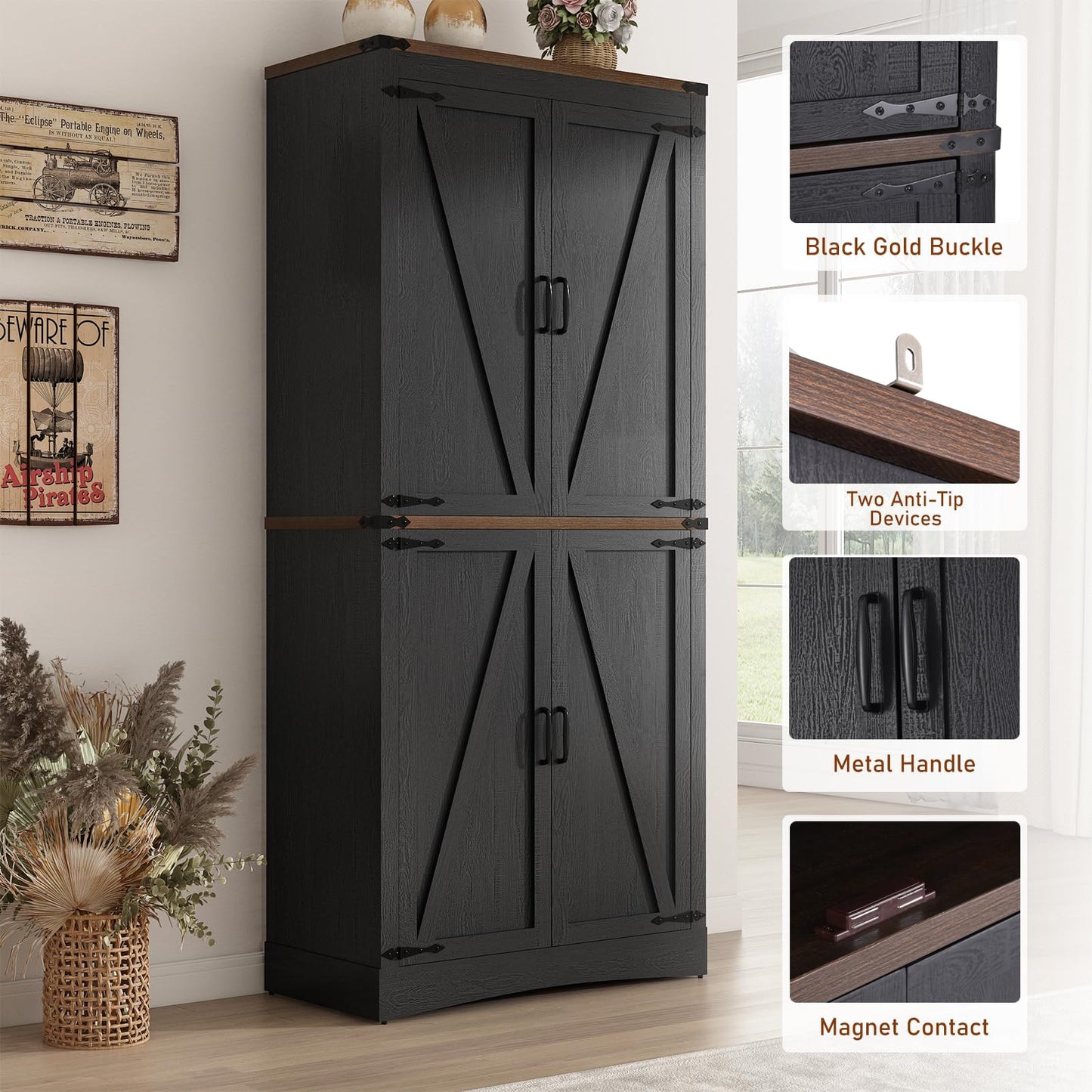 Hlivelood 71" Tall Kitchen Pantry,Farmhouse Storage Cabinet with Adjustable Shelves,Load-Bearing Steel Pipe,Farmhouse Pantry Cabinet with 4 Barn Doors,for Kitchen,Dining Room,Living Room(Black)