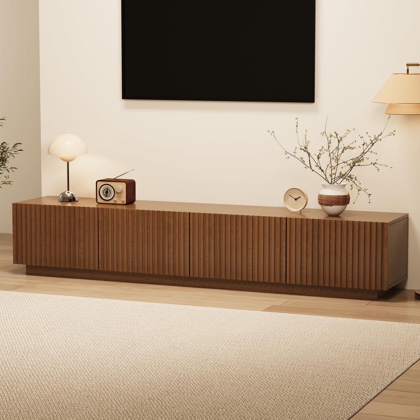 86.61" Mid-Century Modern TV Stand for TVs up to 85", Walnut Entertainment Console with Large Storage, Sturdy Media Cabinet for Living Room & Bedroom