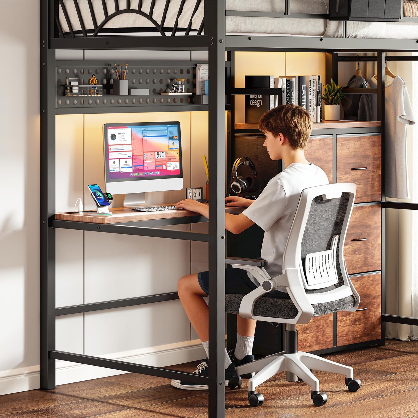 Decofy Twin Loft Bed with Desk and 6 Storage Drawers, Metal Twin Size Loft Beds with Charging Station, RGB LED Lights, and Pegboard & Hanging Rod for Kids, Teenager (Black)
