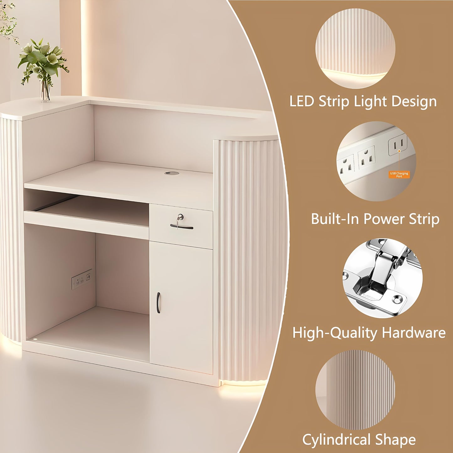 Modern Reception Desk with LED Light - 47.2" Curved Front Counter with Hidden Cable Management, Lockable Drawers & Engineered Wood Construction, Salon Spa Boutique Office Checkout Station