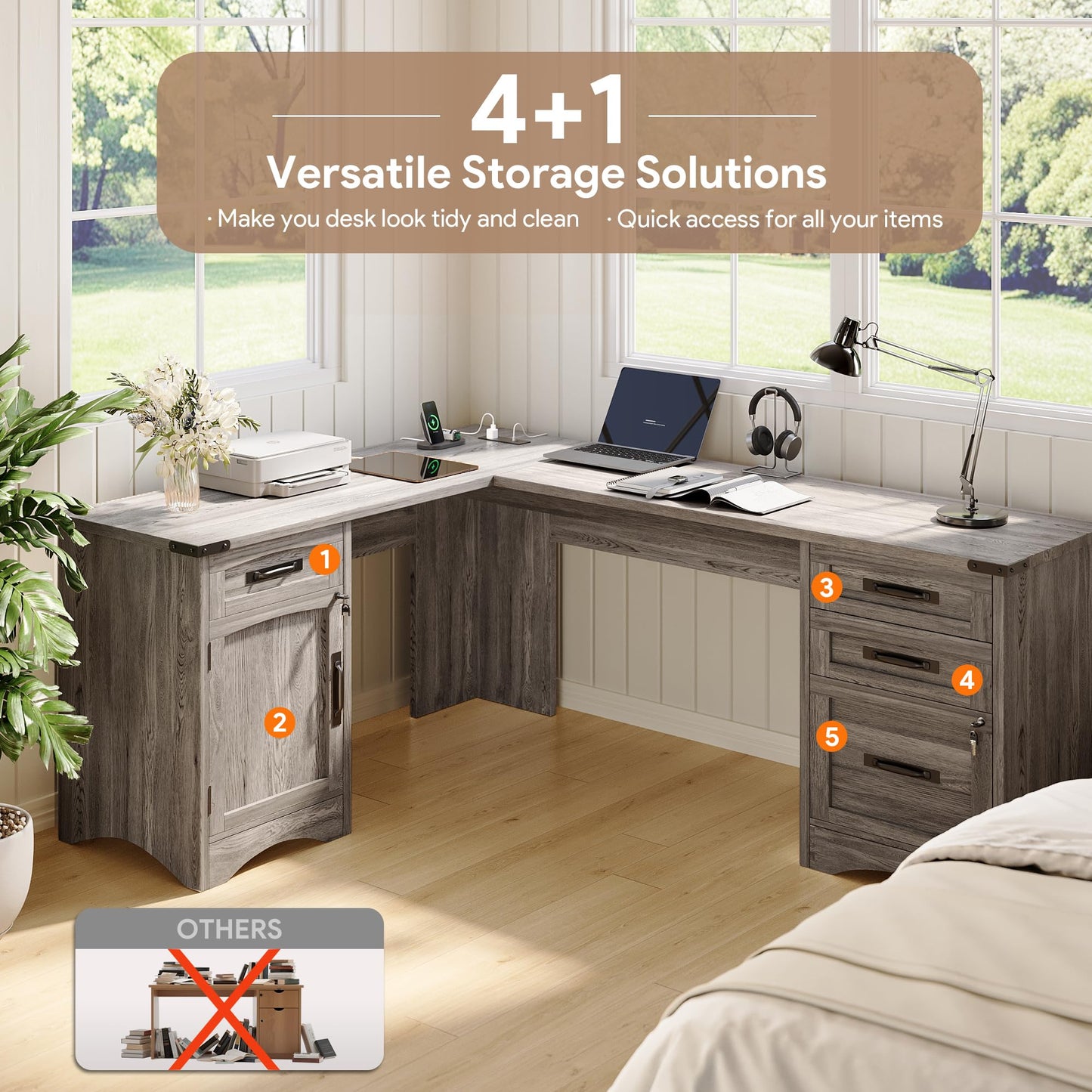 Decofy L Shaped Farmhouse Executive Desk with Drawers, 67" Home Office Desks with Fast Charging Station, Lockable File Cabinet, Wood Writing Computer Desk for Work, Study, Grey