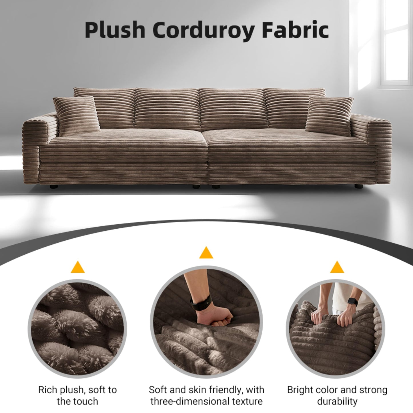 KEIKI 102.4" Sectional Couches, Modern Comfy Upholstered Sofa Cloud Couch, Deep Seat 4 Seat Sofa Set with Soft Pillows for Living Room Bedroom,Apartment,Office, Camel