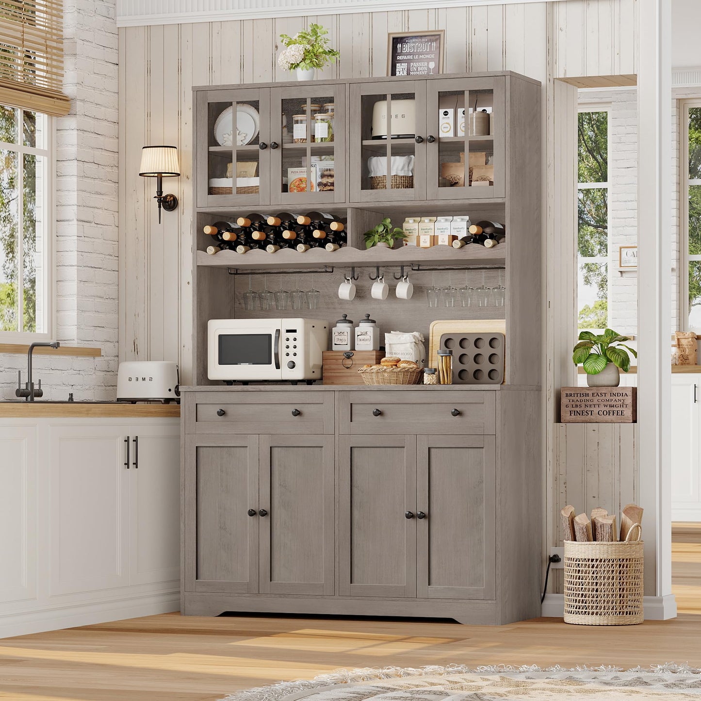 HOSTACK 75.4" Tall Kitchen Pantry Cabinet with Charging Station, Modern White Kitchen Hutch with Microwave Stand and Wine Rack, Large Food Pantry Storage Cabinet with Glass Doors and Drawers, Ash Gray
