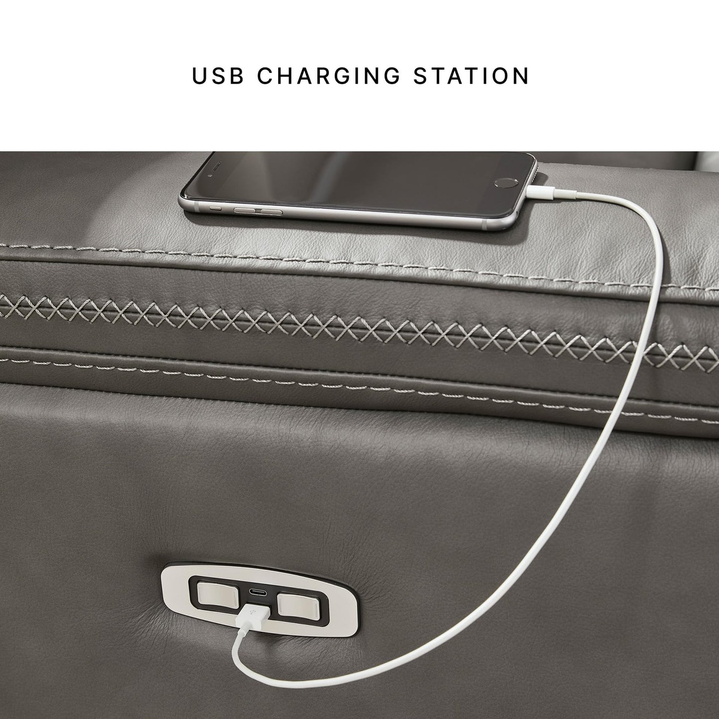 Signature Design by Ashley Burnley Contemporary Leather Match Power Reclining Sofa with Adjustable Headrest and USB Charging Port, Gray