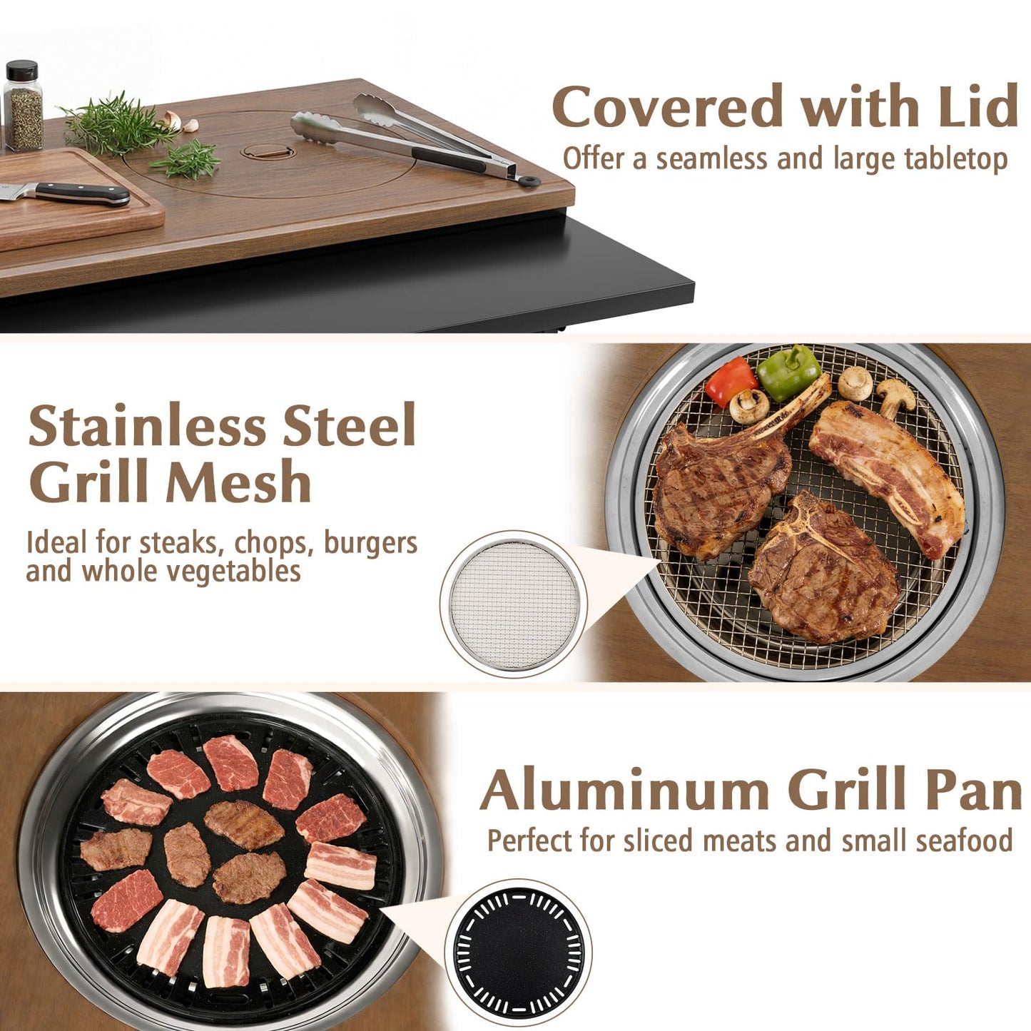 Giantex Outdoor Grill Cart with Korean BBQ Charcoal Grill, Dual Cooking Surfaces, Rolling Food Prep Table with Foldable Side Shelf, Storage Shelves, Wood-Look Top, for Patio, Party & Backyard Cooking