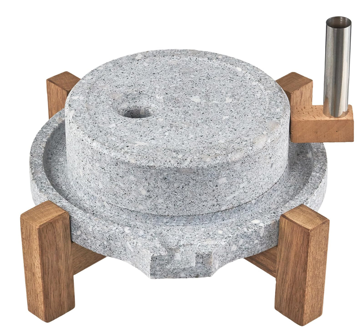 Stone Grain Mill - Manual Flour Mill with Stable Wood Base, Natural Granite Stone Grinder Mill for Dry & Wet Use, Home Kitchen Tool (9.8 x 13.8 inch)