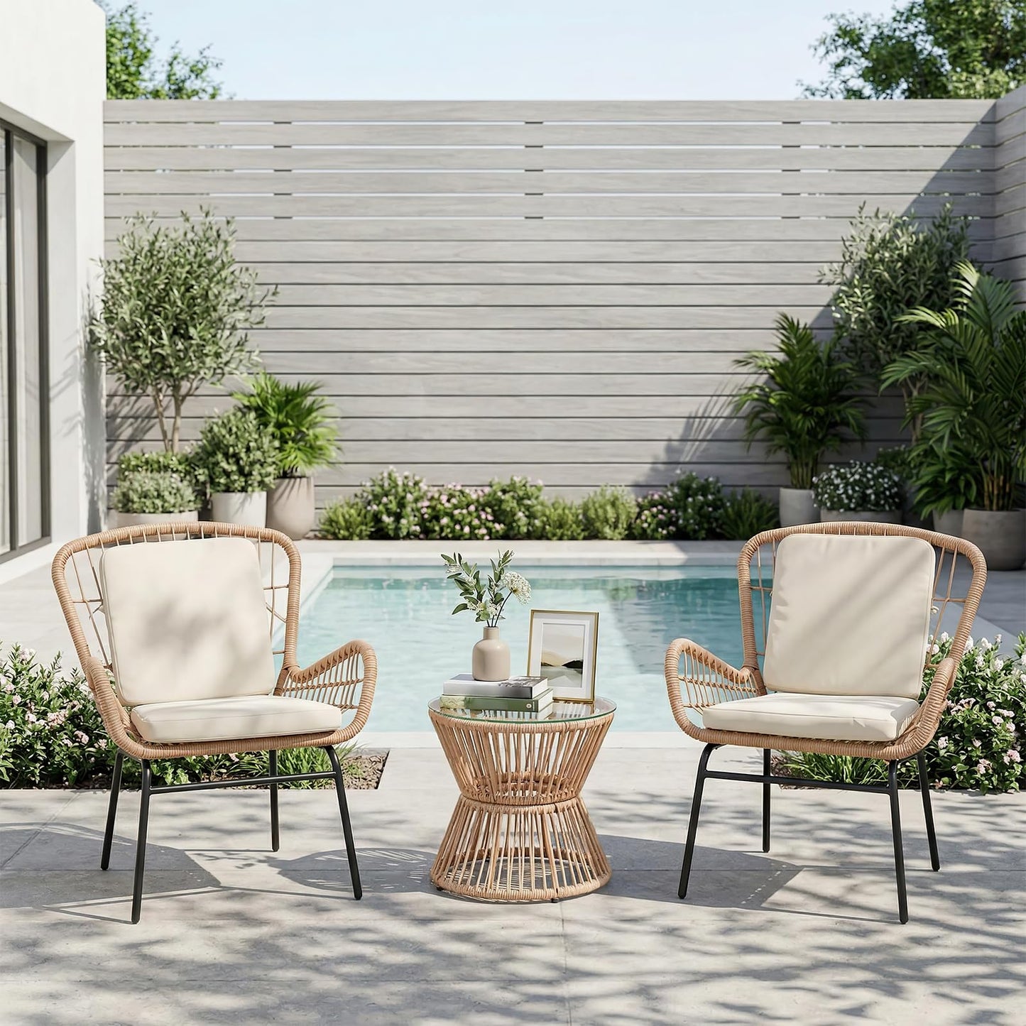 3 Piece Outdoor Rattan Patio Bistro Set with Glass Top Table and 2 Chairs, All Weather Patio Furniture for Backyard, Poolside, Porch, Balcony, Garden, Beige