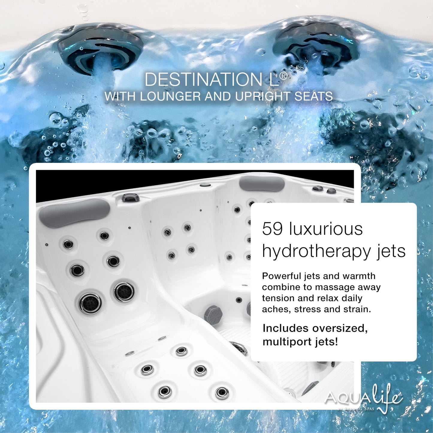 Destination Outdoor Hot Tub, 5-Person 59-Jet 80-Port 4-Pump Lounger Spa with Waterfall Arch and Bluetooth Stereo by Aqualife by Strong Spas