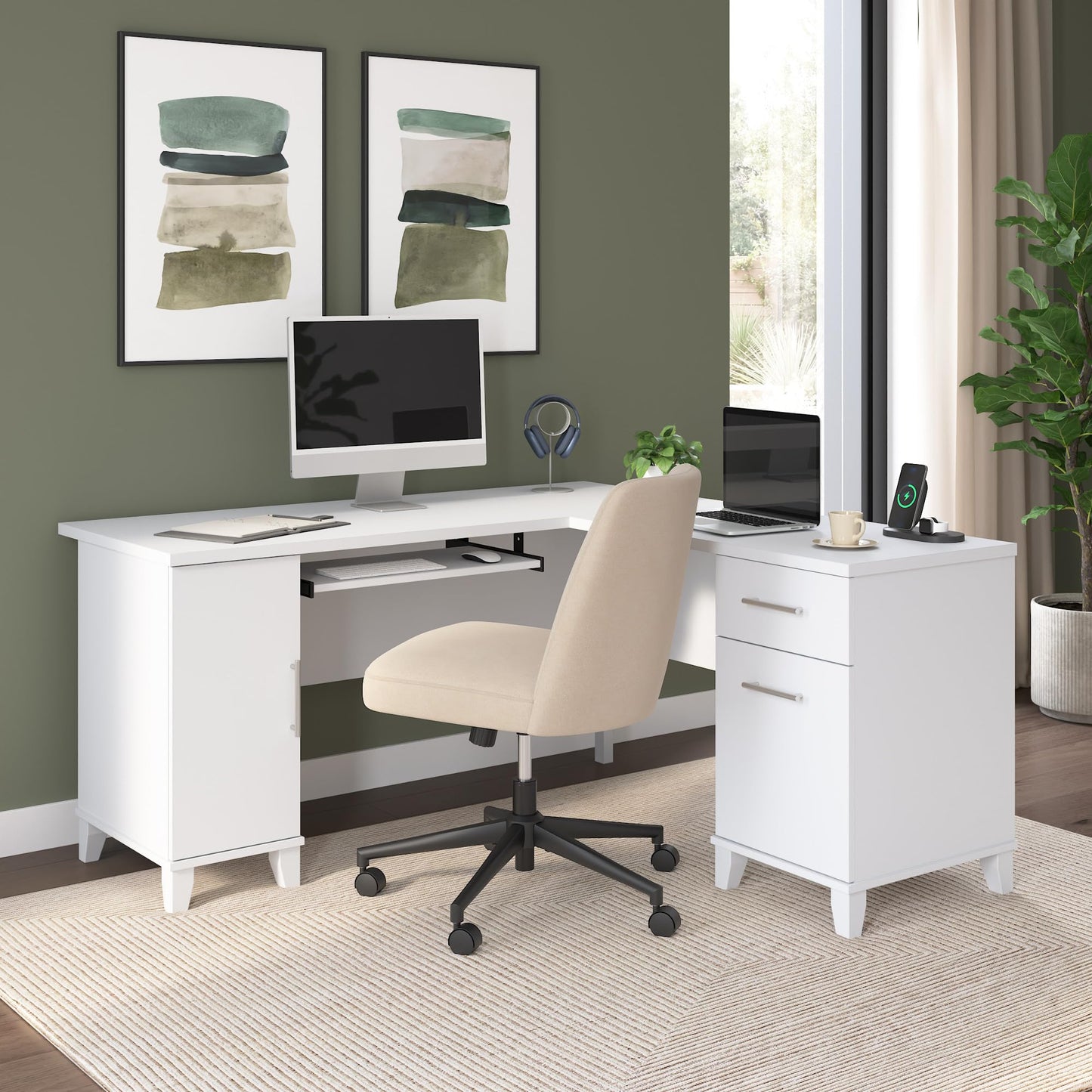 Bush Home 60-Inch L-Shaped Desk with Storage, Corner Computer Office Desk with Drawers and Storage Cabinet, Home Office Furniture, Somerset Collection, White