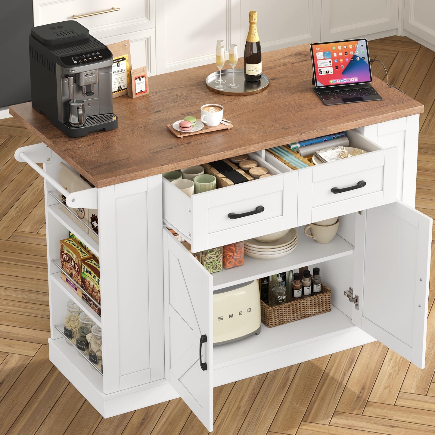 Keyluv Kitchen Storage Island with 2 Stools, 51.2” Mobile Kitchen Cart with Drop Leaf & Power Outlet, Rolling Island Table Dining Room Buffet with 2 Drawers & Side Storage Rack &Towel Rack, White