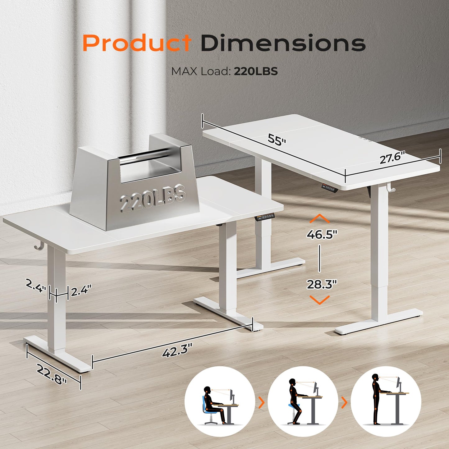 Huuger 55 x 28 Large Electric Standing Desk, Height Adjustable Copmuter Desk, 27.6" Deep Desktop, Stand up Gaming Office Table with 2 Hooks, 3 Preset Heights, for Home Office, White