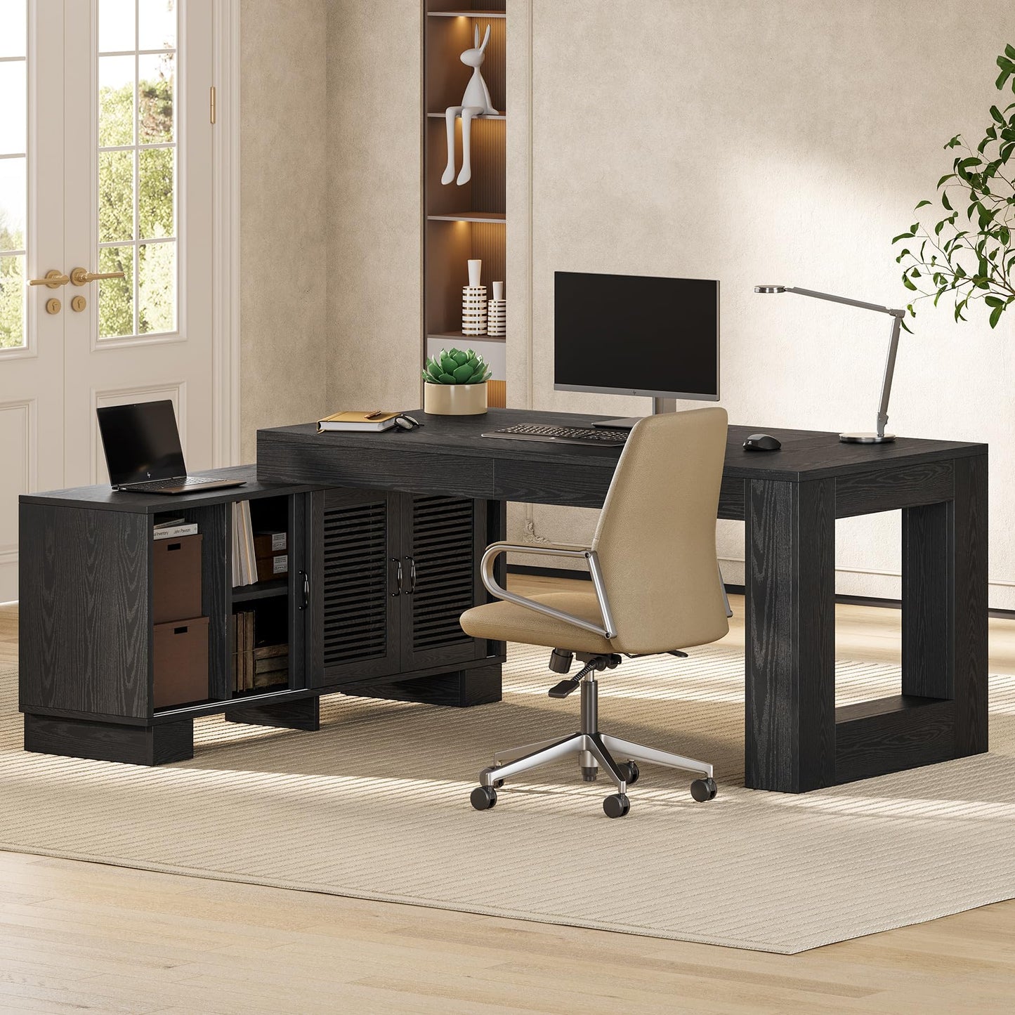 LITTLE TREE L Shaped Executive Desk, Large 63" Executive Desk with File Cabinet, Modern L Shaped Desk, Corner Computer Desk for Home Office & Business Furniture Workstation, Black