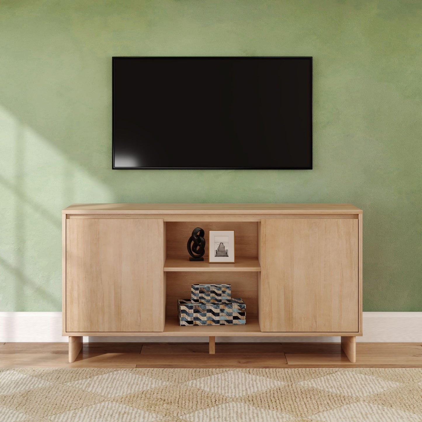 Plank+Beam 59" Modern Sideboard Cabinet, Solid Pine Wood Buffet Table with 2 Doors & Open Shelf, Storage Console for Dining Room or Entryway, Blonde Finish