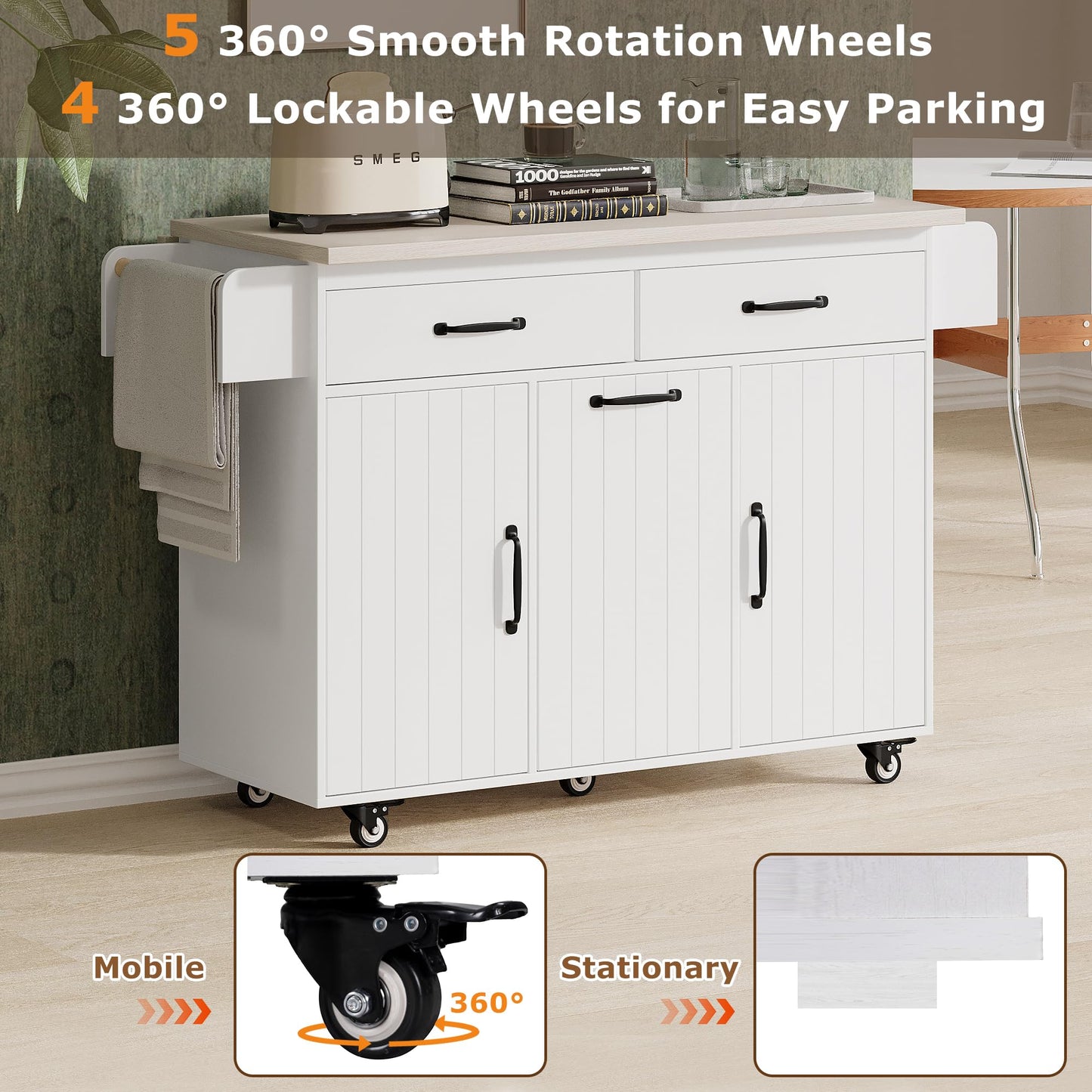 Ball & Cast Kitchen Island with Trash Can Storage Cabinet,Kitchen Cart W/Drop Leaf,Spice Rack,Towel Rack and Drawers,Rolling Kitchen Islands on Wheels W/Adjustable Shelf for Dining Room,White Oak