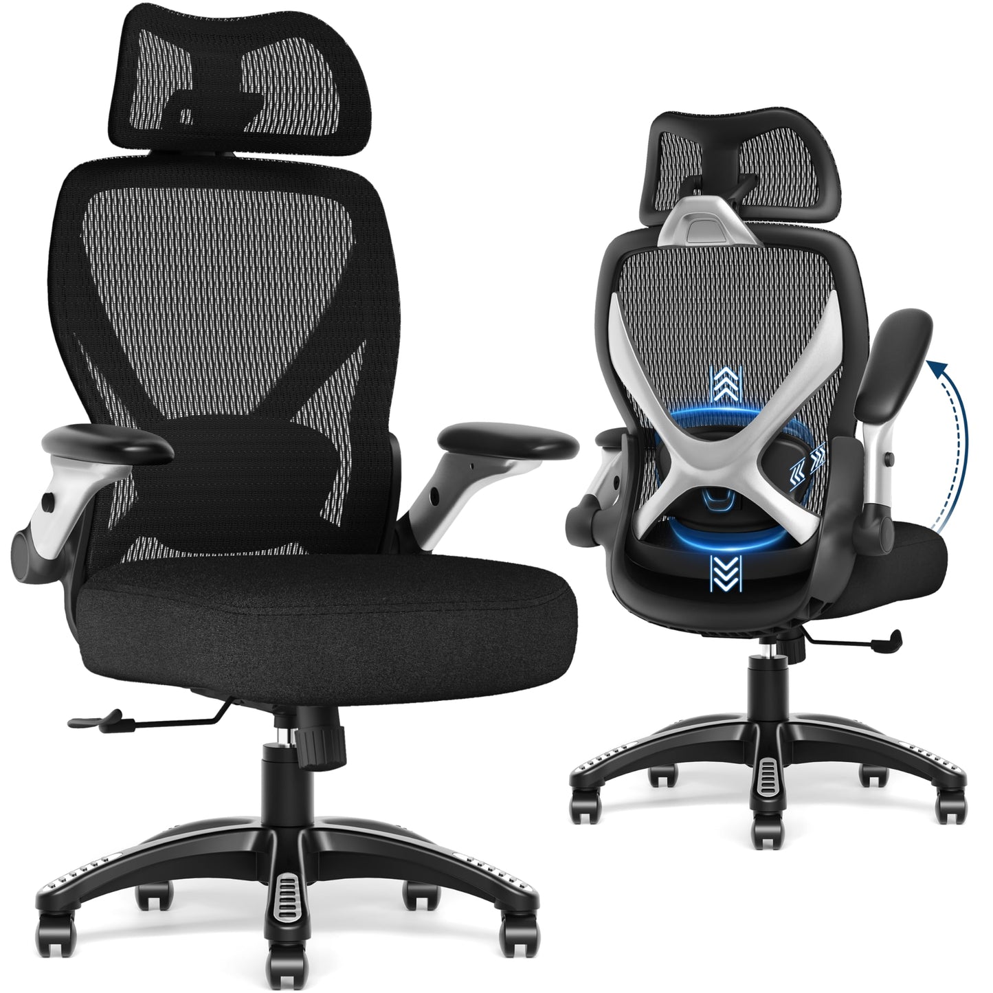 GABRYLLY Ergonomic Office Chair, Big and Tall Mesh Chair with Adjustable Lumbar Support, 5D Arms & Wide Seat, 135° Recline Home Desk Computer Chairs for Work Gaming, Heavy Duty,400LBS - Black