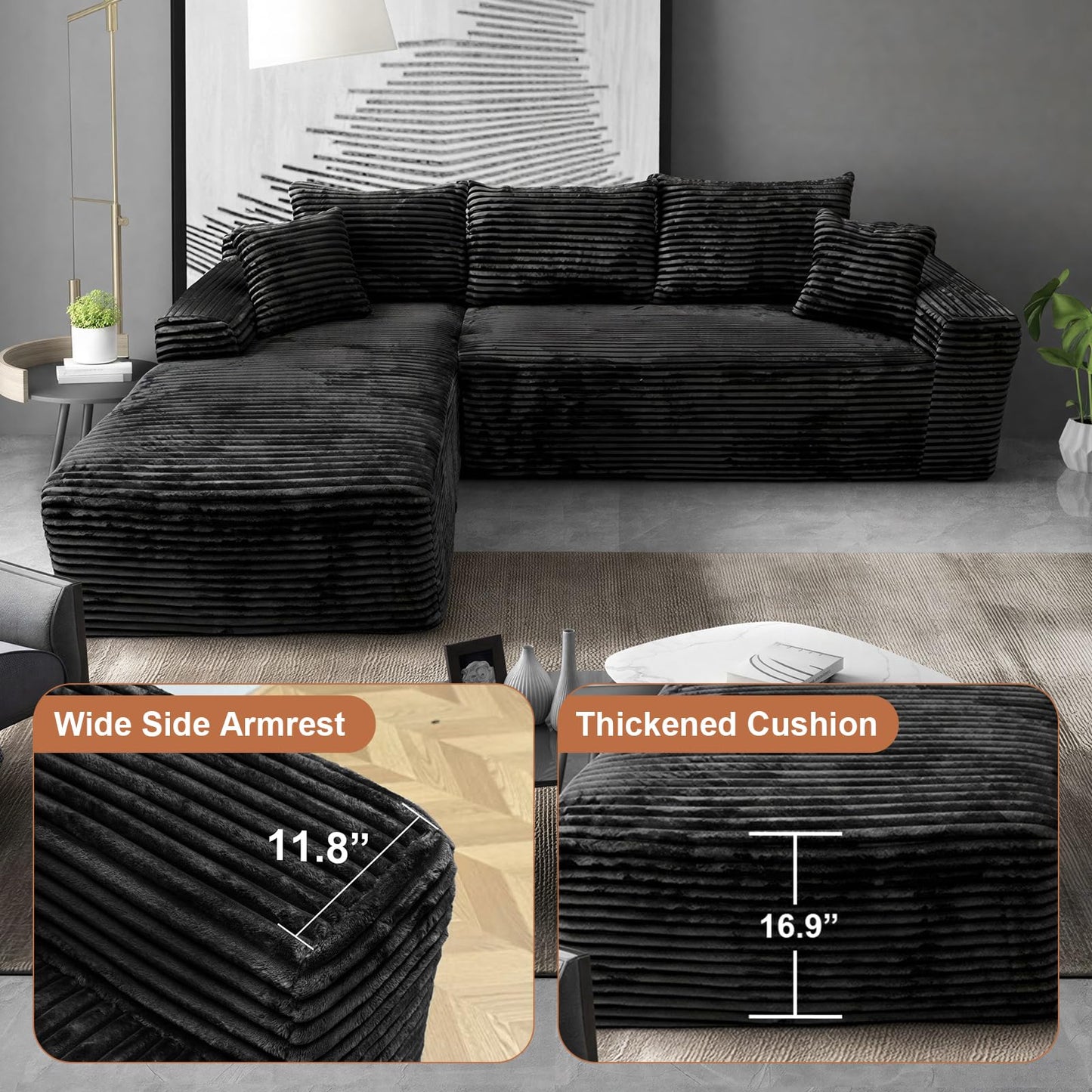 Rovibek 107.5" Couches for Living Room, Black Couch with Chaise, Modular Sectional Sofa with Throw Pillow & Deep Seat, No Assembly Required Compressed Sofa