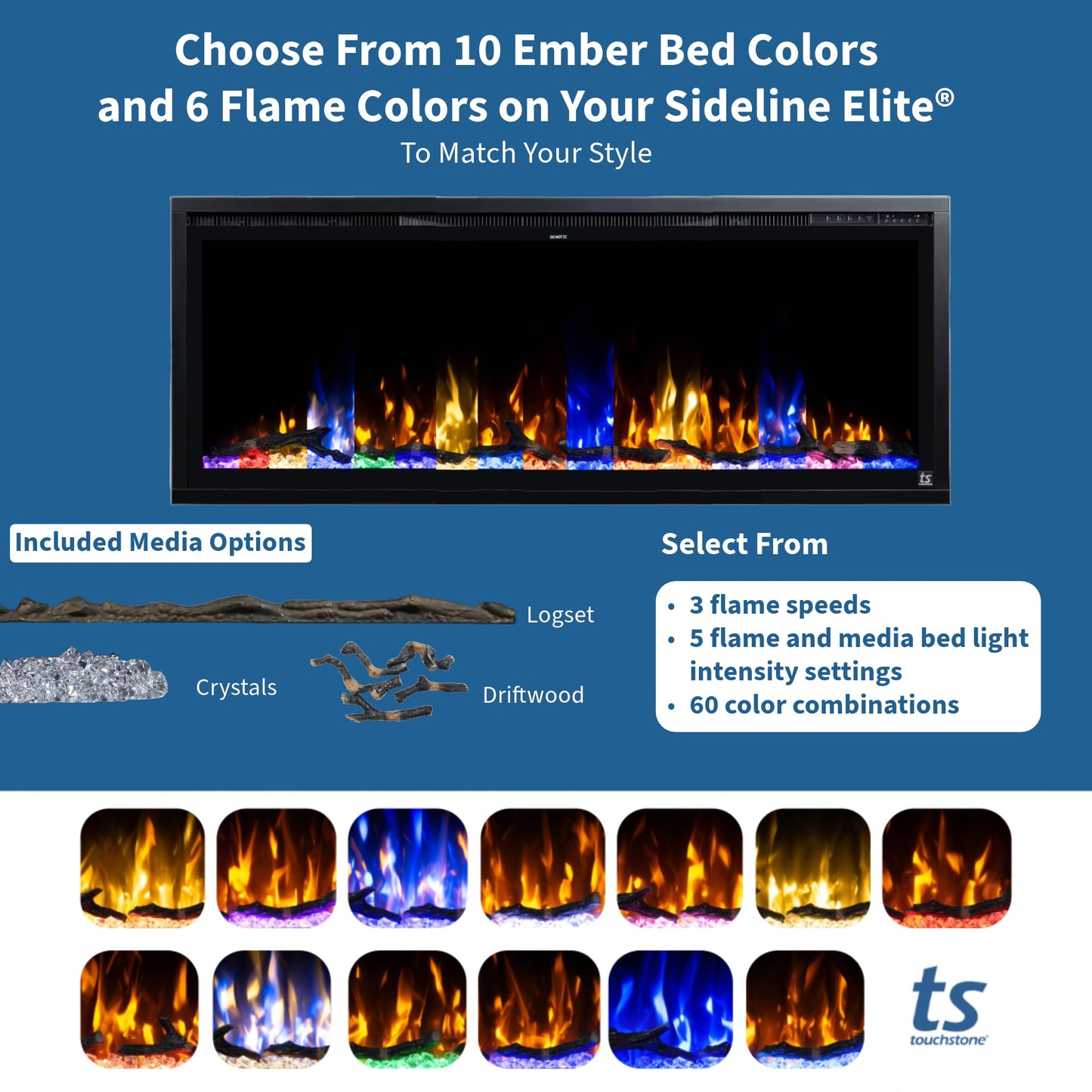 Touchstone Sideline Elite Smart 50” WiFi-Enabled Electric Fireplace - in-Wall Recessed - 60 Color Combinations - 1,500W Heater - Black - Log, Crystals & Driftwood - 80036