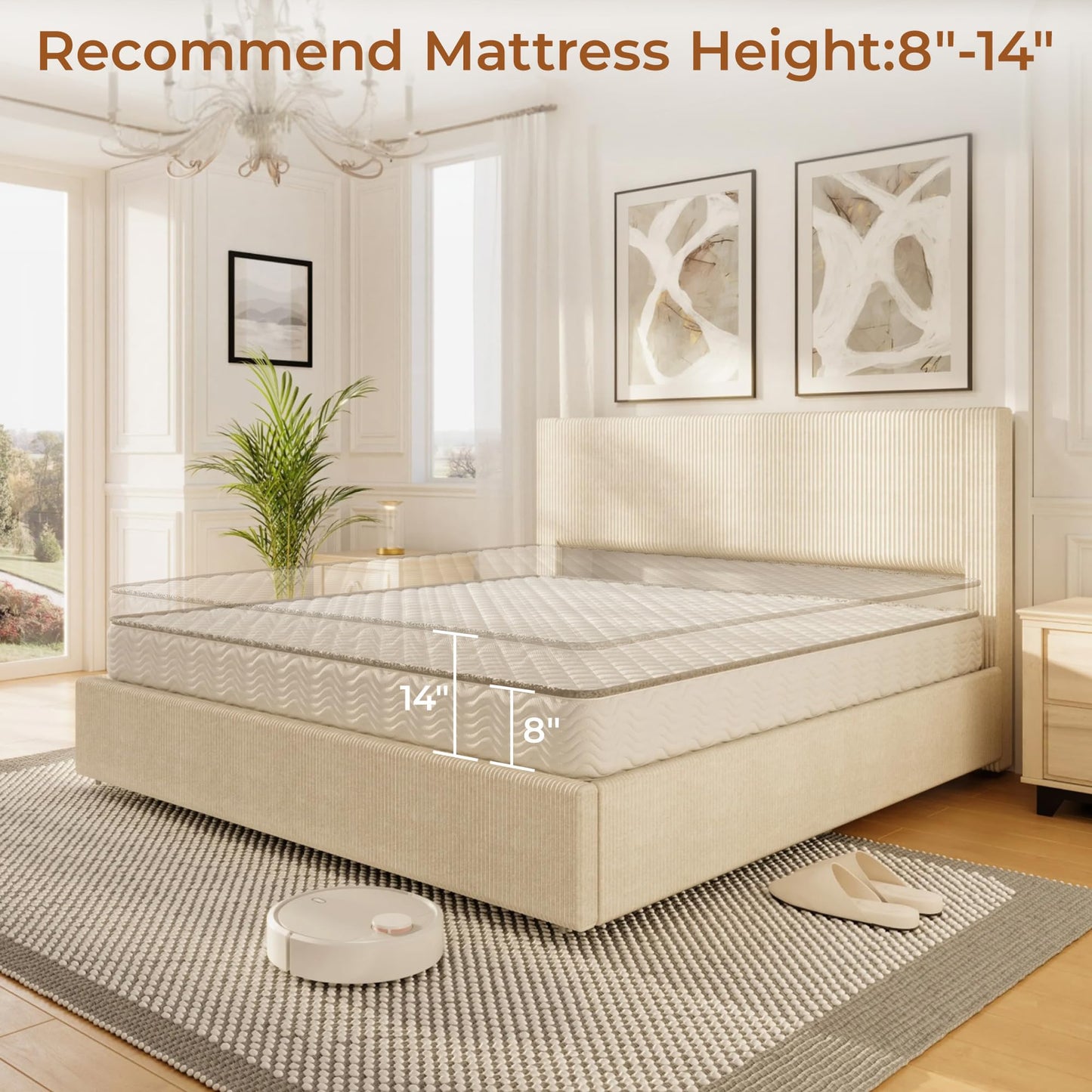 IDEALHOUSE Full Size Bed Frame with Tufted Wingback Headboard, Platform Corduroy Upholstered Bed Frame with 4 Storage Drawers and Wooden Slats Support, No Box Spring Needed, Beige