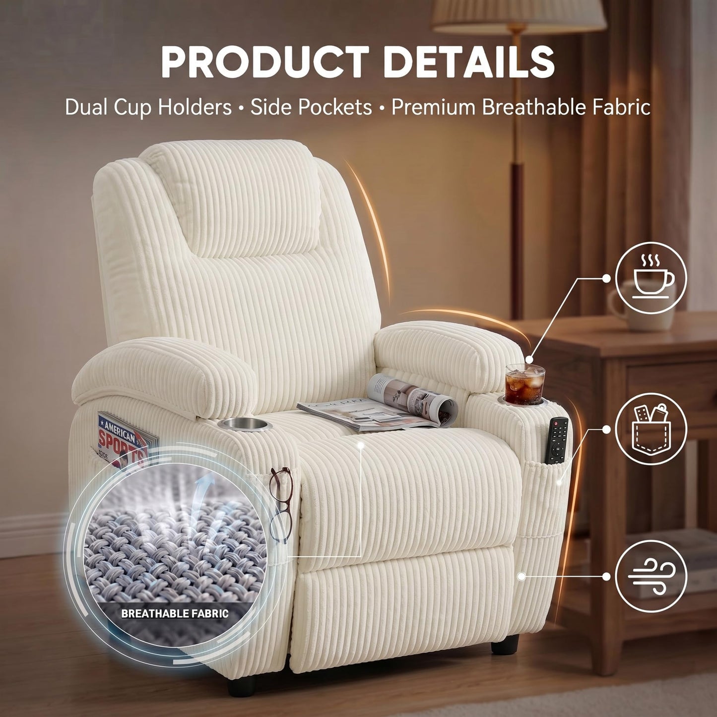 Flamaker Power Lift Chair Massage Recliner Chairs for Elderly, Corduroy Ergonomic Design with Cup Holders & Side Pockets, Remote Control (White)
