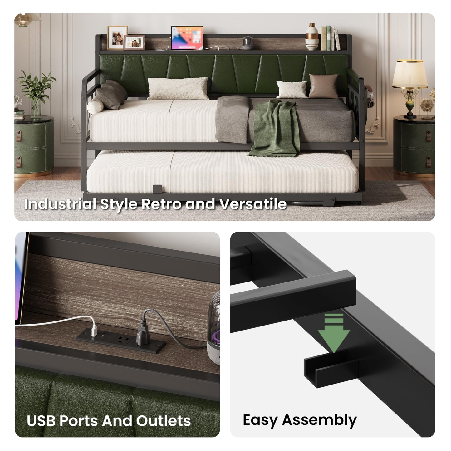 LIKIMIO Twin Daybed, Day Bed with Trundle, Storage Upholstered Headboard and Charging Station, Trundle Bed with Strong Supports for Living Room, Bedroom, and Guest Room, Dark Green