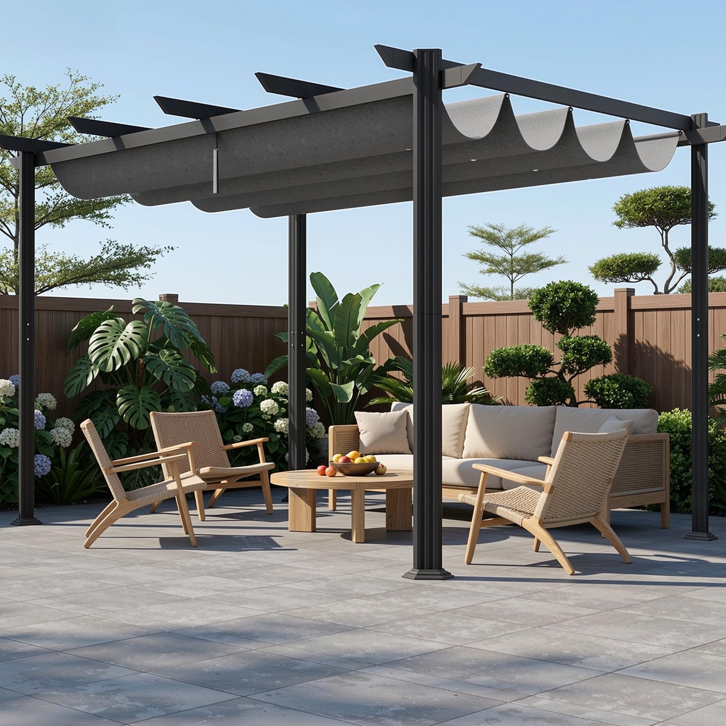 Ahomly 12' X 8' Outdoor Retractable Pergola with Sun Shade Canopy, Patio Metal Shelter for Garden/Porch/Beach, Heavy Duty Adjustable Pavilion Grill Gazebo, Modern Yard Grape Trellis Pergola, Gray