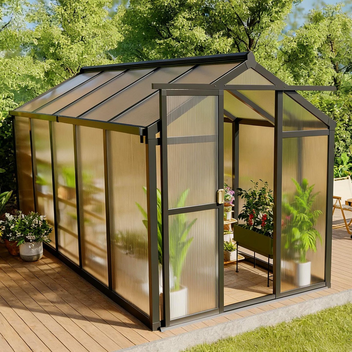Greenhouse, 6x10 Ft Outdoor Greenhouses, Accessible Green House with Roof Vents and Sliding Doors, Aluminum Frame Polycarbonate Greenhouses, Large Greenhouse for Outdoor Gardens and Backyards, Black